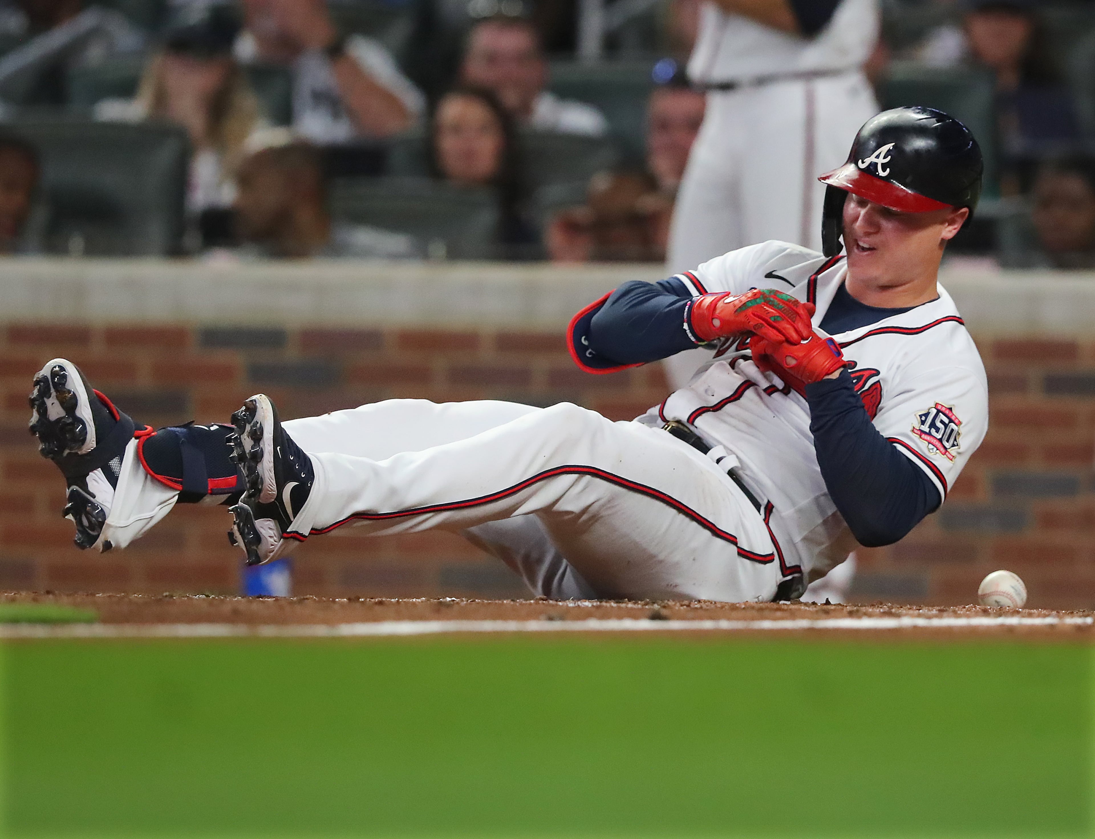 Braves batter Joc Pederson strikes out swinging during the fourth inning of Tuesday's game.