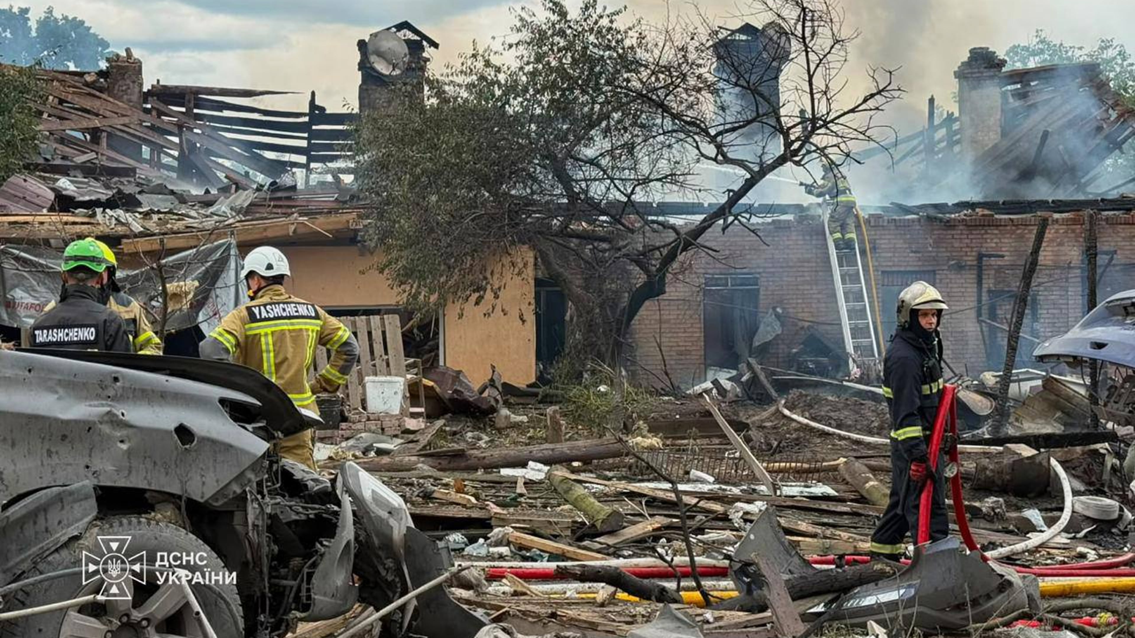 This photo provided by the Ukrainian Emergency Service, shows the site of Russian missile strikes in Kyiv region, Ukraine, Friday, July 24, 2026. (Ukrainian Emergency Service via AP)