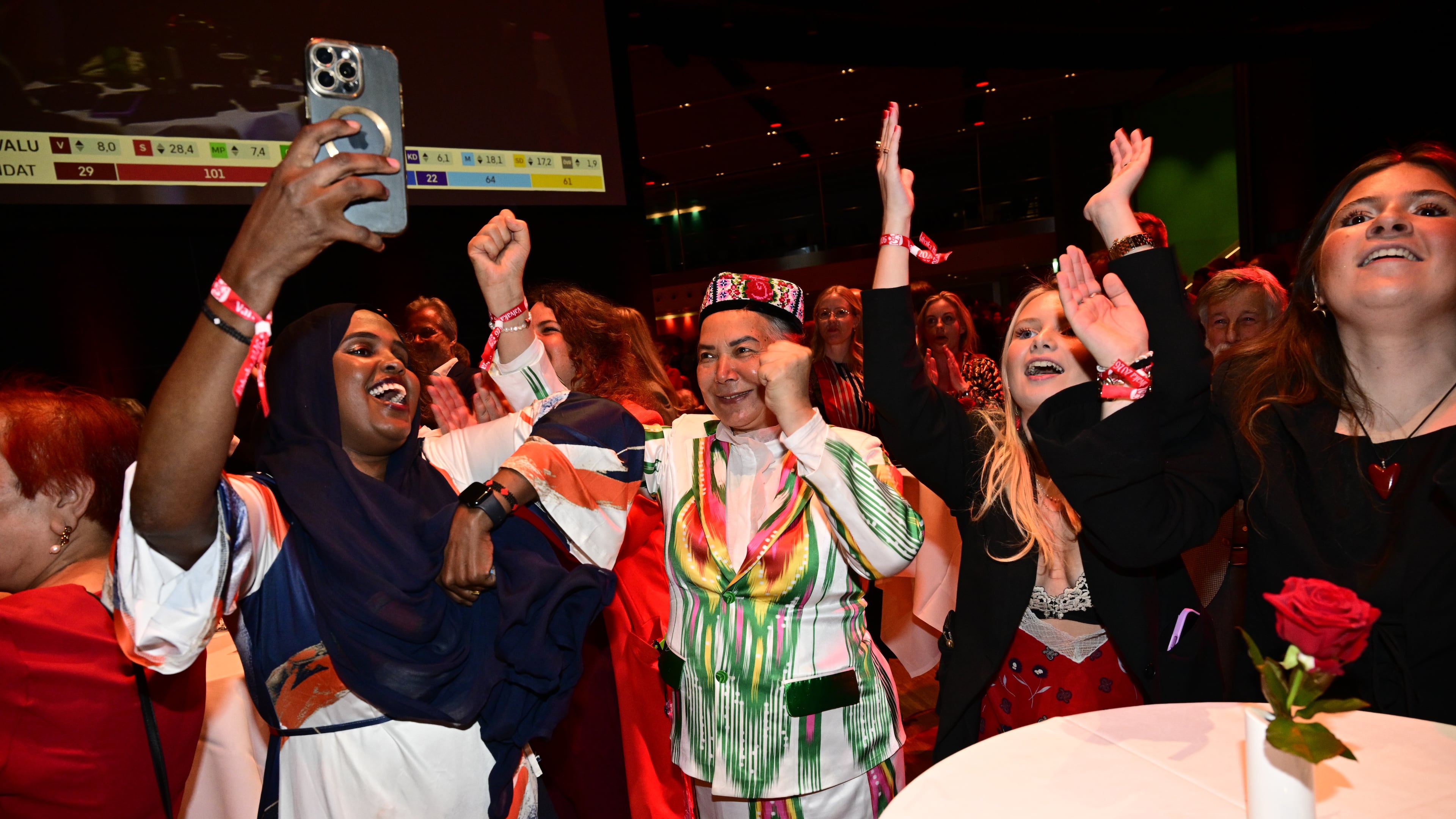 Social Democrats react to the presentation of the exit poll at the Social Democrats' election night watch party, in Stockholm, Sunday, Sept. 13, 2026. (Jonas Ekströmer/TT News Agency via AP)