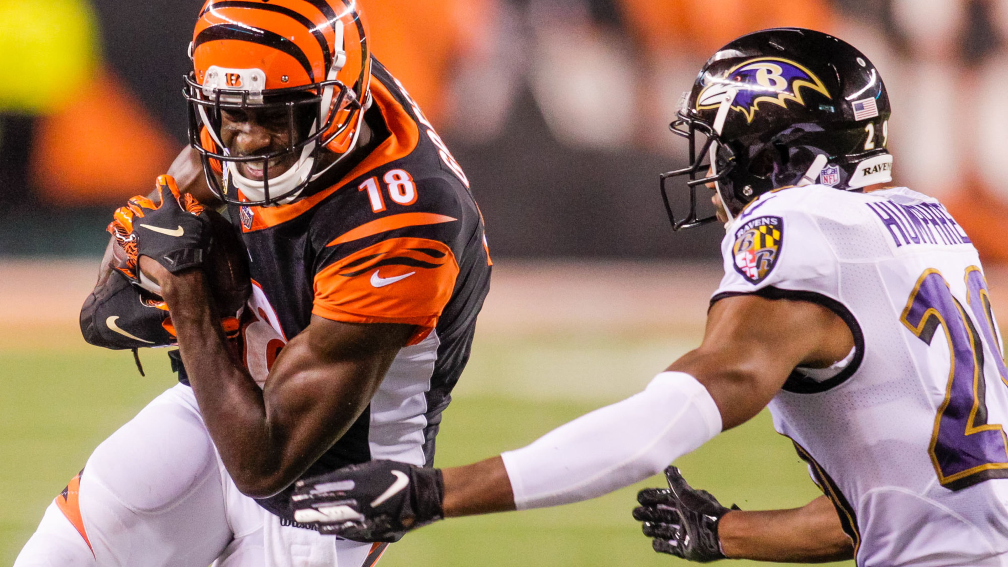 Cincinnati Bengals wide receiver A.J. Green carries the ball in for a touchdown during their game against the Baltimore Ravens Thursday, Sept. 13 at Paul Brown Stadium in Cincinnati.