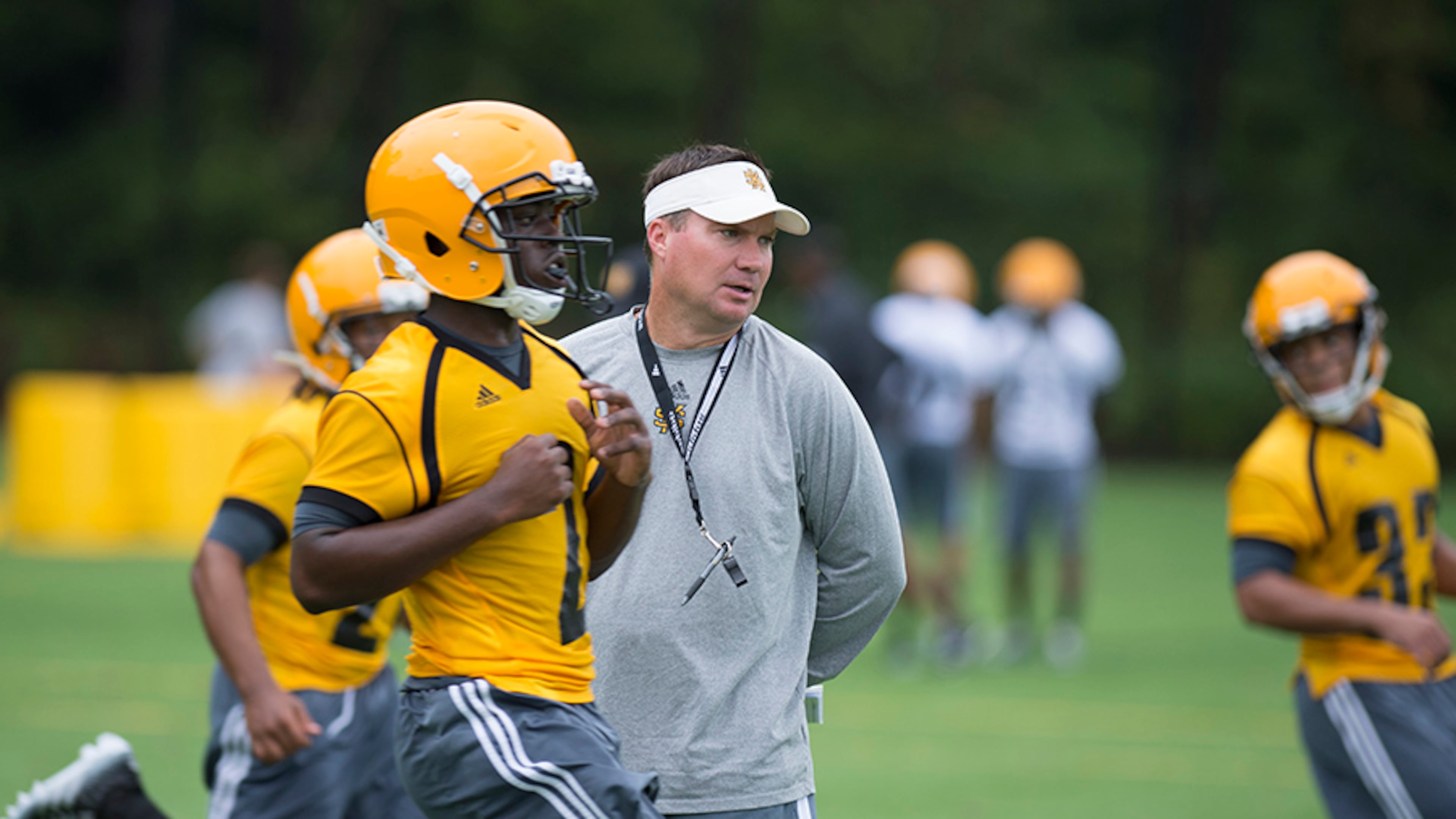 Head Coach Brian Bohannon and his staff put the team through a 90-minute practice in which the team strapped on gear for the first time.
