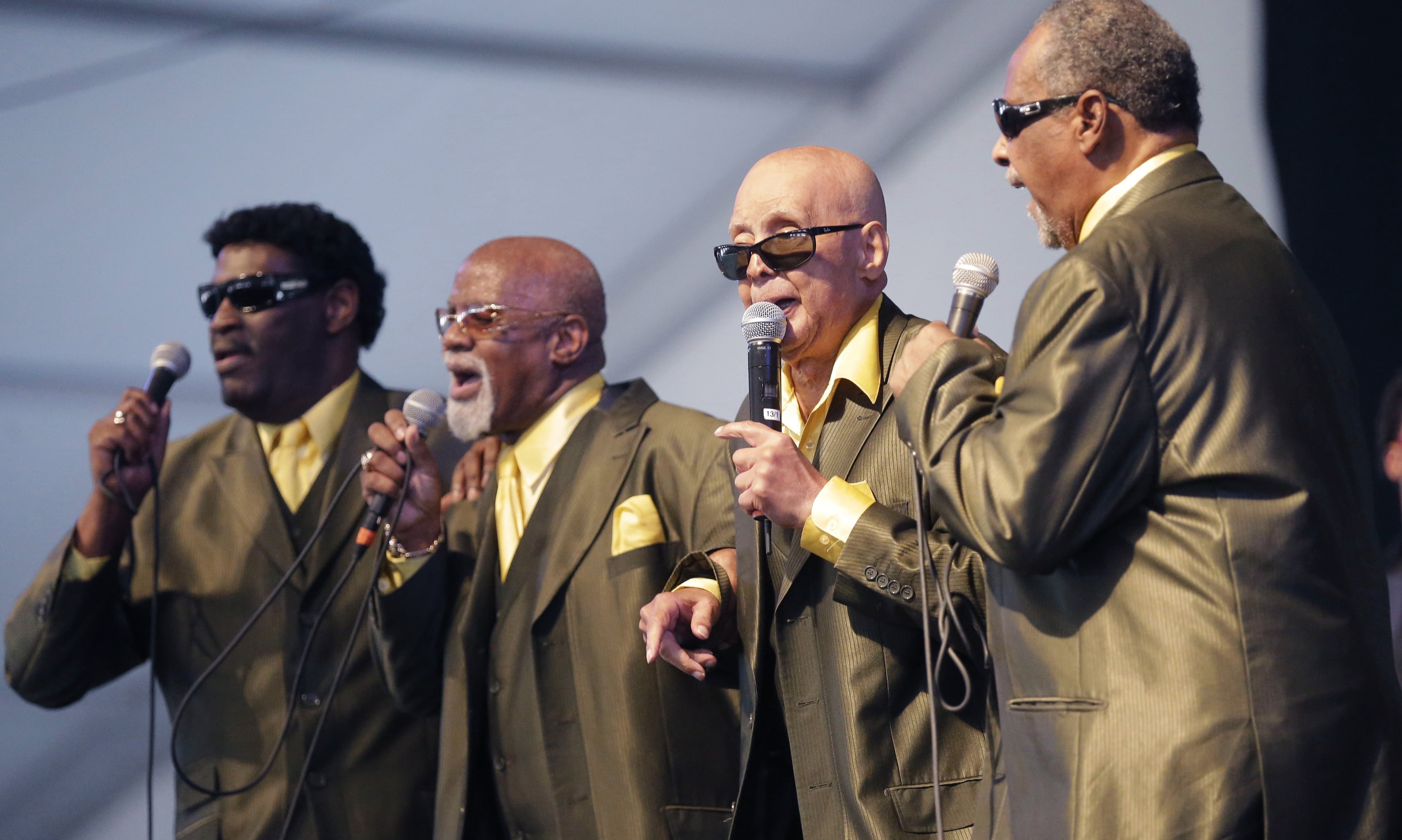 The Blind Boys of Alabama perform at the New Orleans Jazz and Heritage Festival in New Orleans, Sunday, May 3, 2015. (AP Photo/Gerald Herbert)