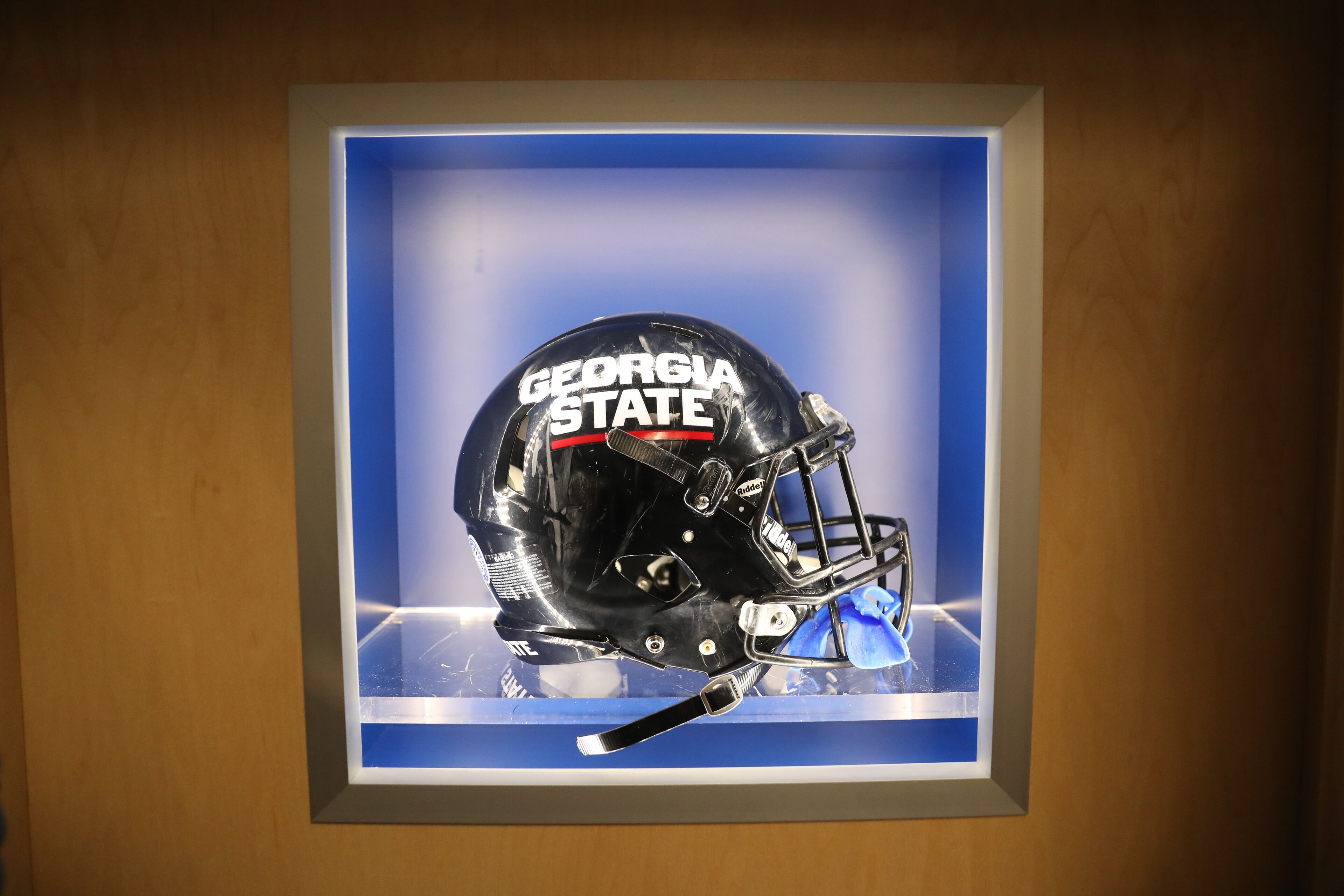 The Georgia State University football helmet in their locker room before their game against Tennessee State at Georgia State Stadium Thursday in Atlanta, Ga., August 31, 2017. PHOTO / JASON GETZ