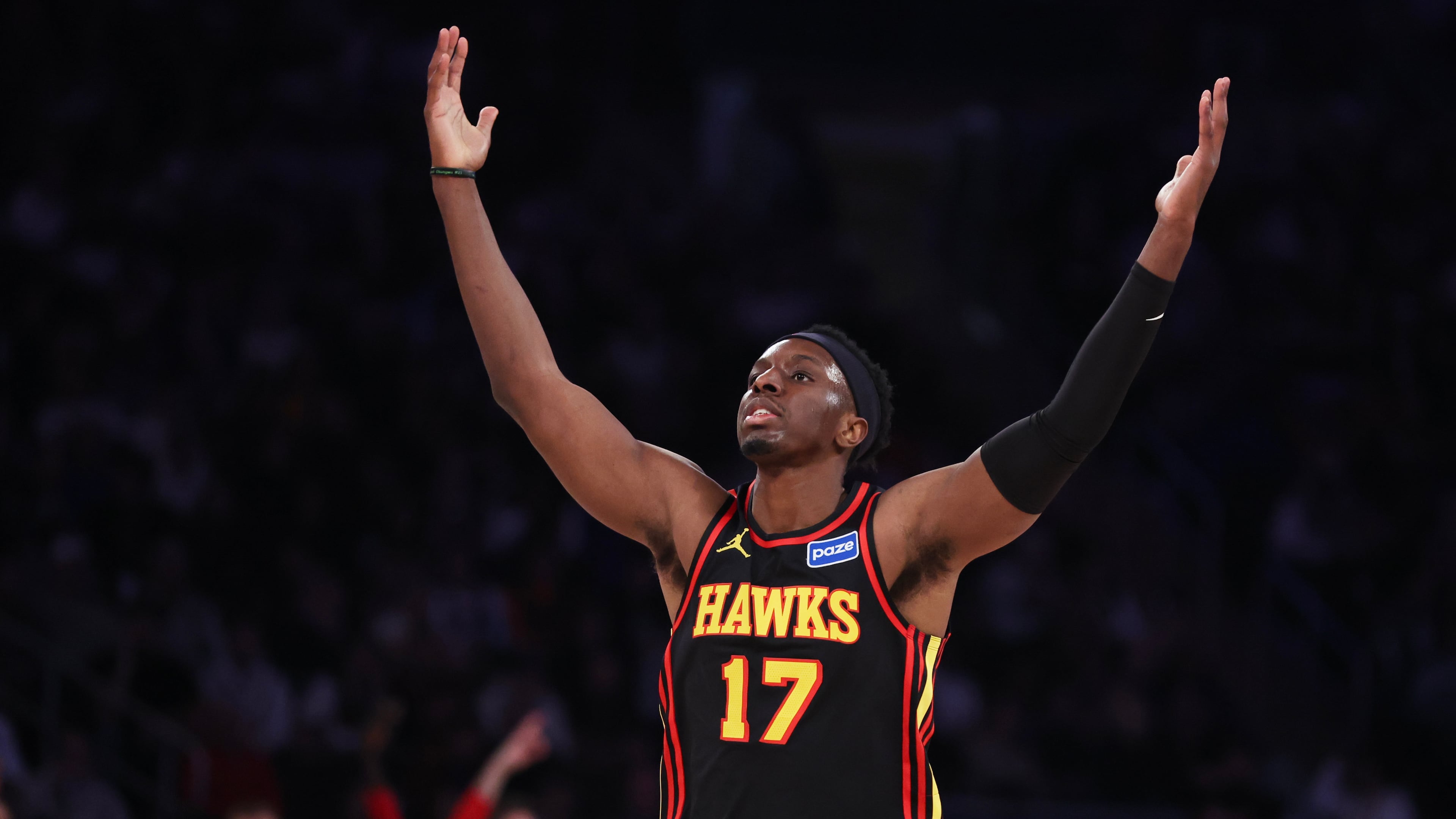 Atlanta Hawks forward Onyeka Okongwu reacts after scoring a 3-point basket during first half of an NBA basketball game against the New York Knicks, Friday, Jan. 2, 2026, in New York. (AP Photo/Heather Khalifa)