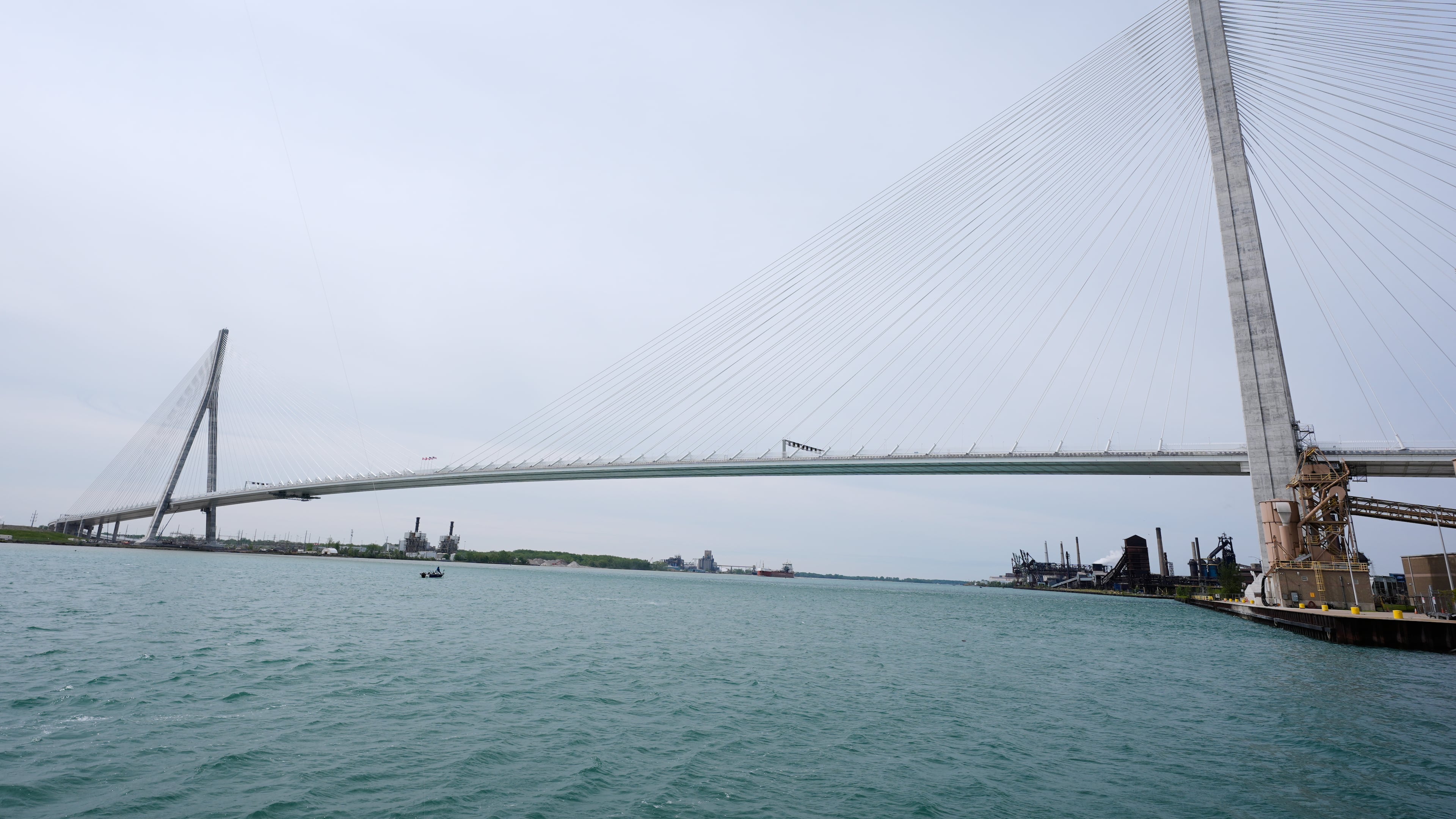 FILE - The Gordie Howe Bridge is shown under construction between Windsor, Ontario and Detroit, May 22, 2026. (AP Photo/Paul Sancya, File)