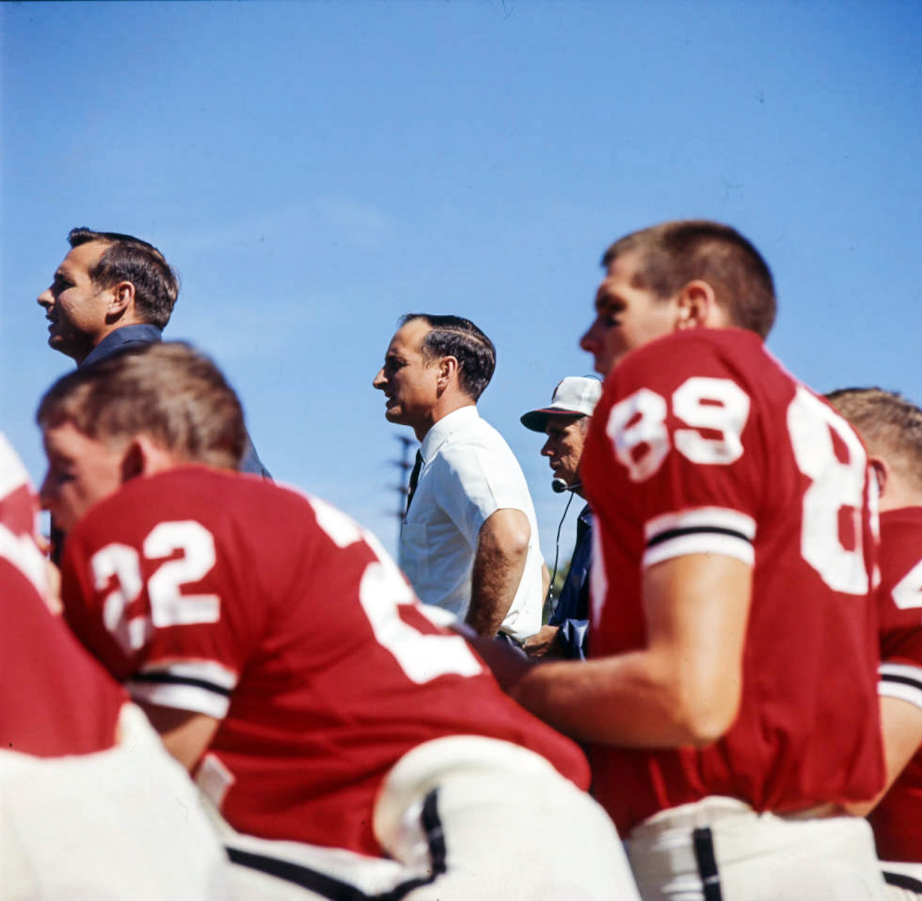 Coach Vince Dooley and Georgia Bulldogs watch the game from the sidelines, 1965