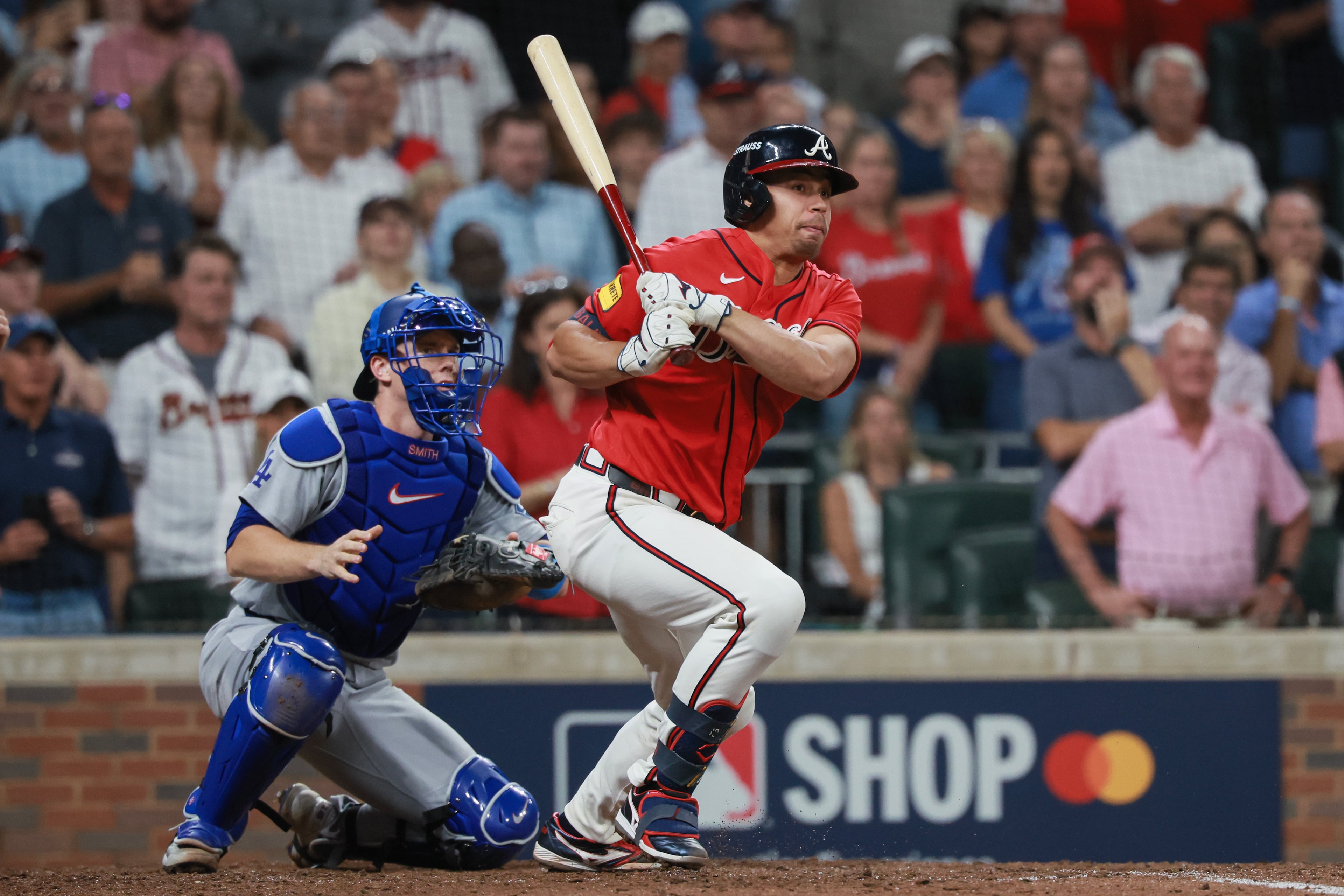 Atlanta Braves' Drake Baldwin (30) hits an RBI bases loaded ground out against the Los Angeles Dodgers during the fourth inning of Game 3 of the MLB National League Division Series between the Atlanta Braves and the Los Angeles Dodgers, Tuesday, Oct. 6, 2026, in Atlanta. (Jason Getz/AJC)