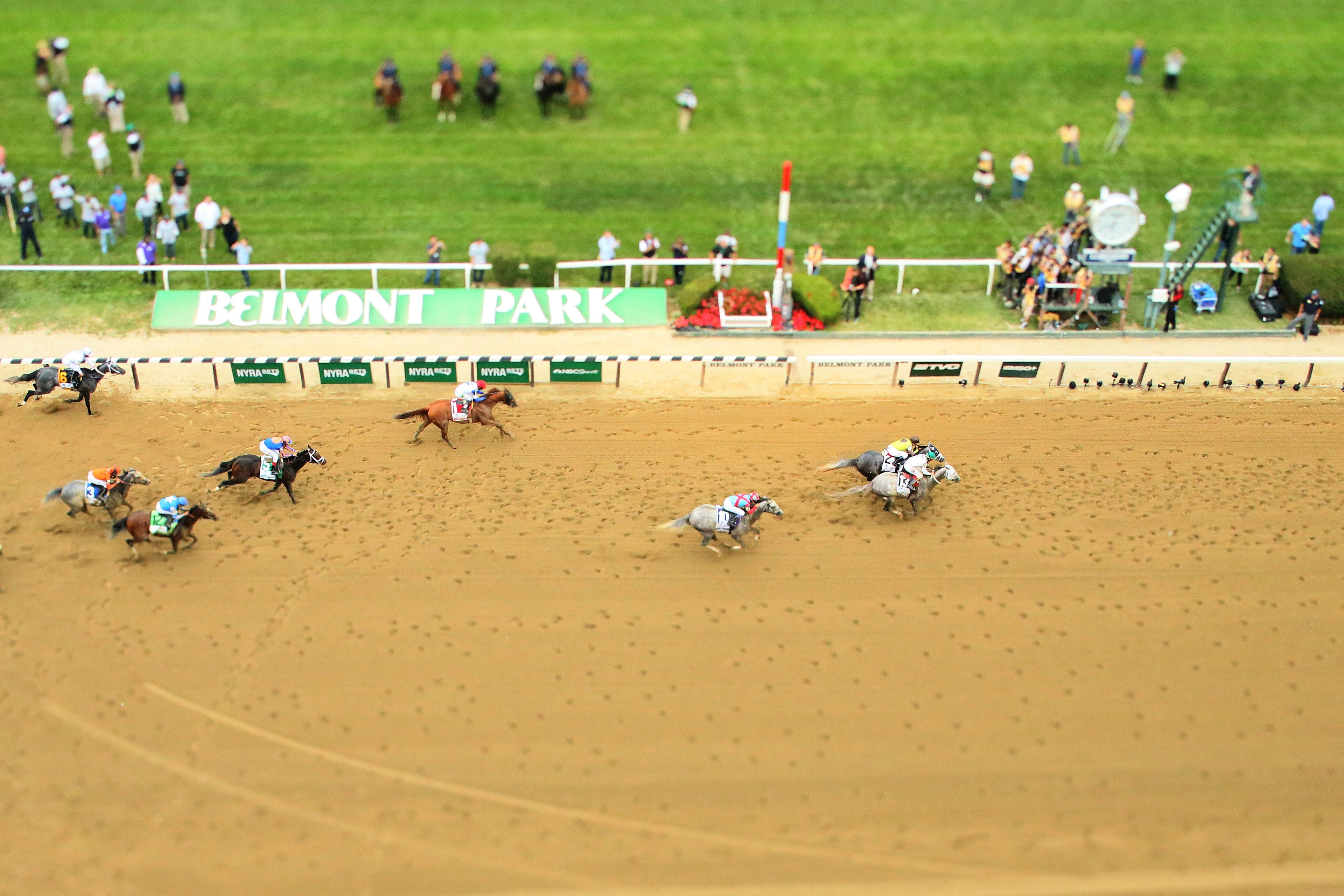 ELMONT, NY - JUNE 11: (EDITORS NOTE: This digital image was created with the use of a variable vocal plane lens) Creator #13 with jockey Irad Ortiz Jr. up and Destin #2 with jockey Javier Castellano up race past the finish line during The 148th running of the Belmont Stakes at Belmont Park on June 11, 2016 in Elmont, New York. Creator #13 with jockey Irad Ortiz Jr. up won the race. (Photo by Al Bello/Getty Images)