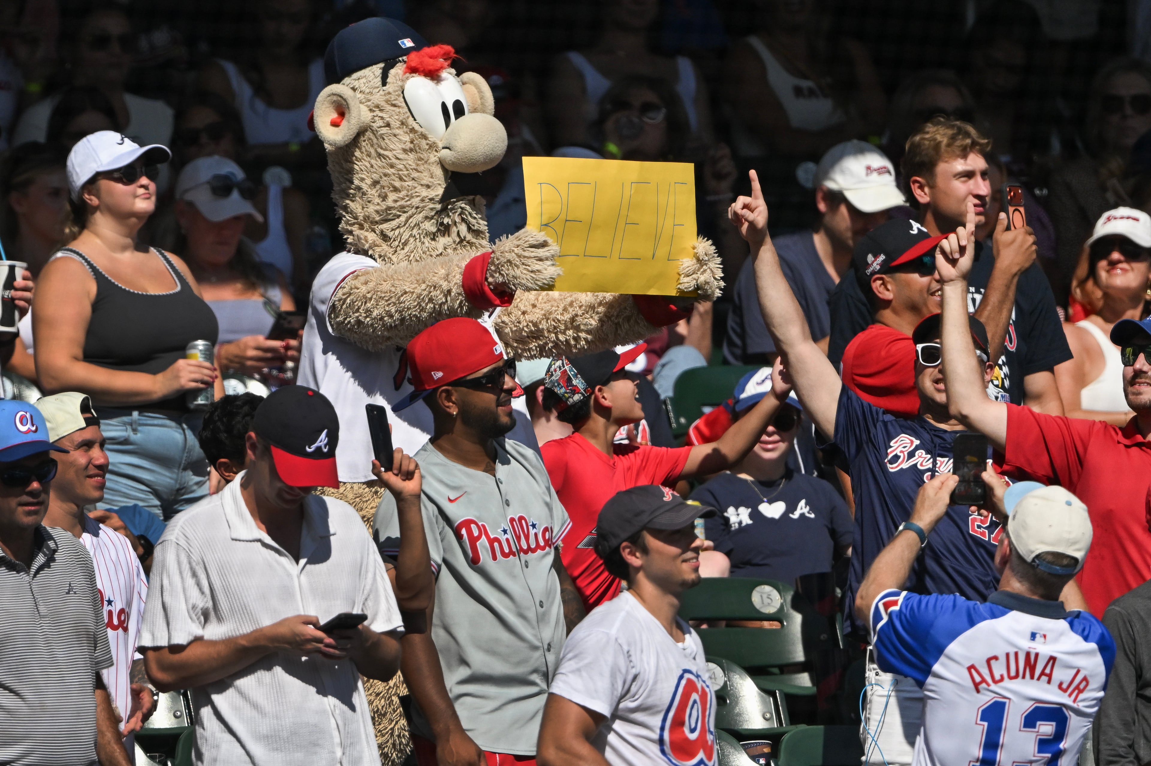 Blooper entertains fans during Game 2 of a National League Wild Card Series between the Braves and the Phillies on Wednesday, Sept. 30, 2026, in Atlanta. (Hyosub Shin/AJC)