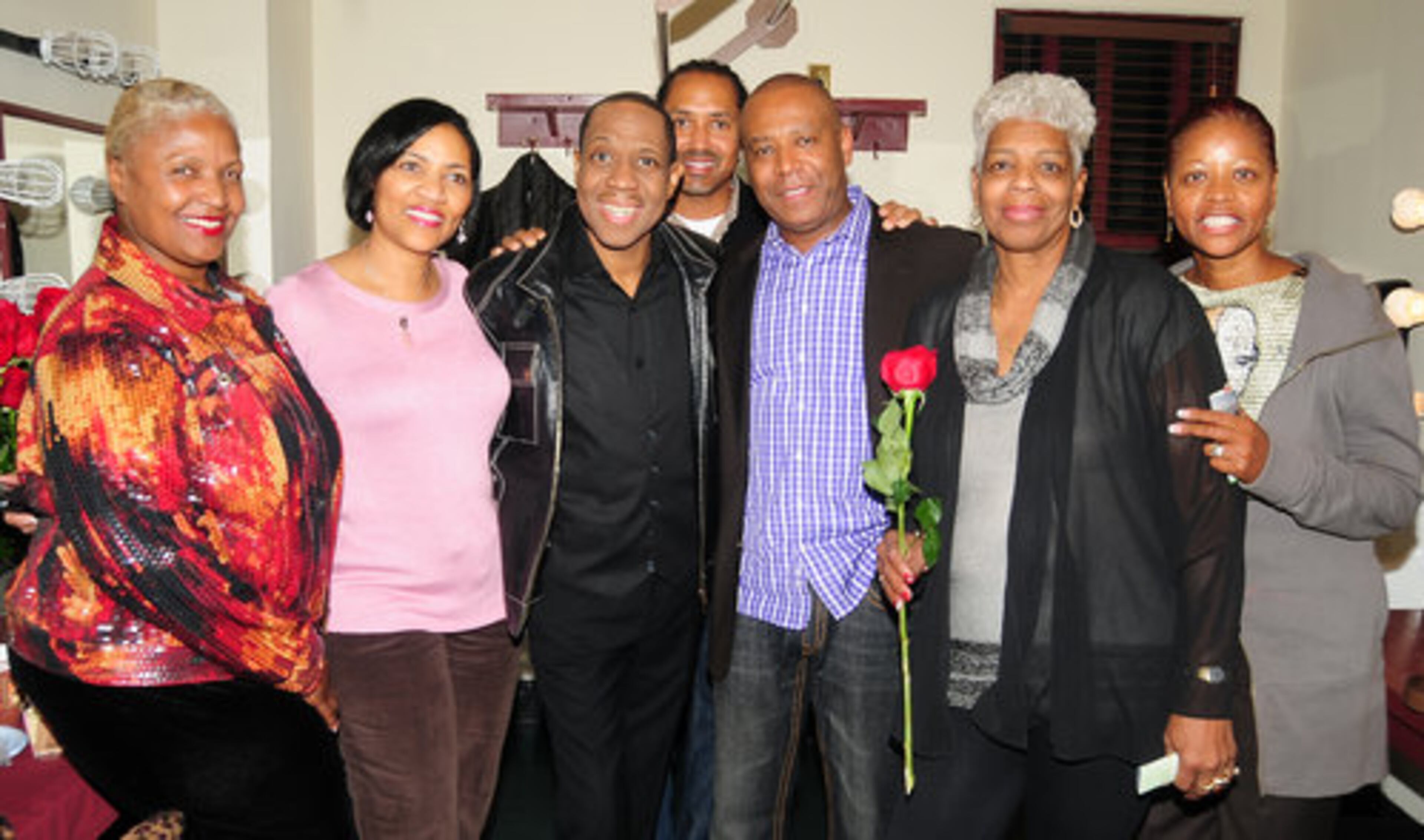 Freddie Jackson poses backstage with friends (r to l) Deborah Burris, Antoinette Germany, his attorney Earl Burke, Howard Brown, Lorinda Hunter, Wanda Imasuen.