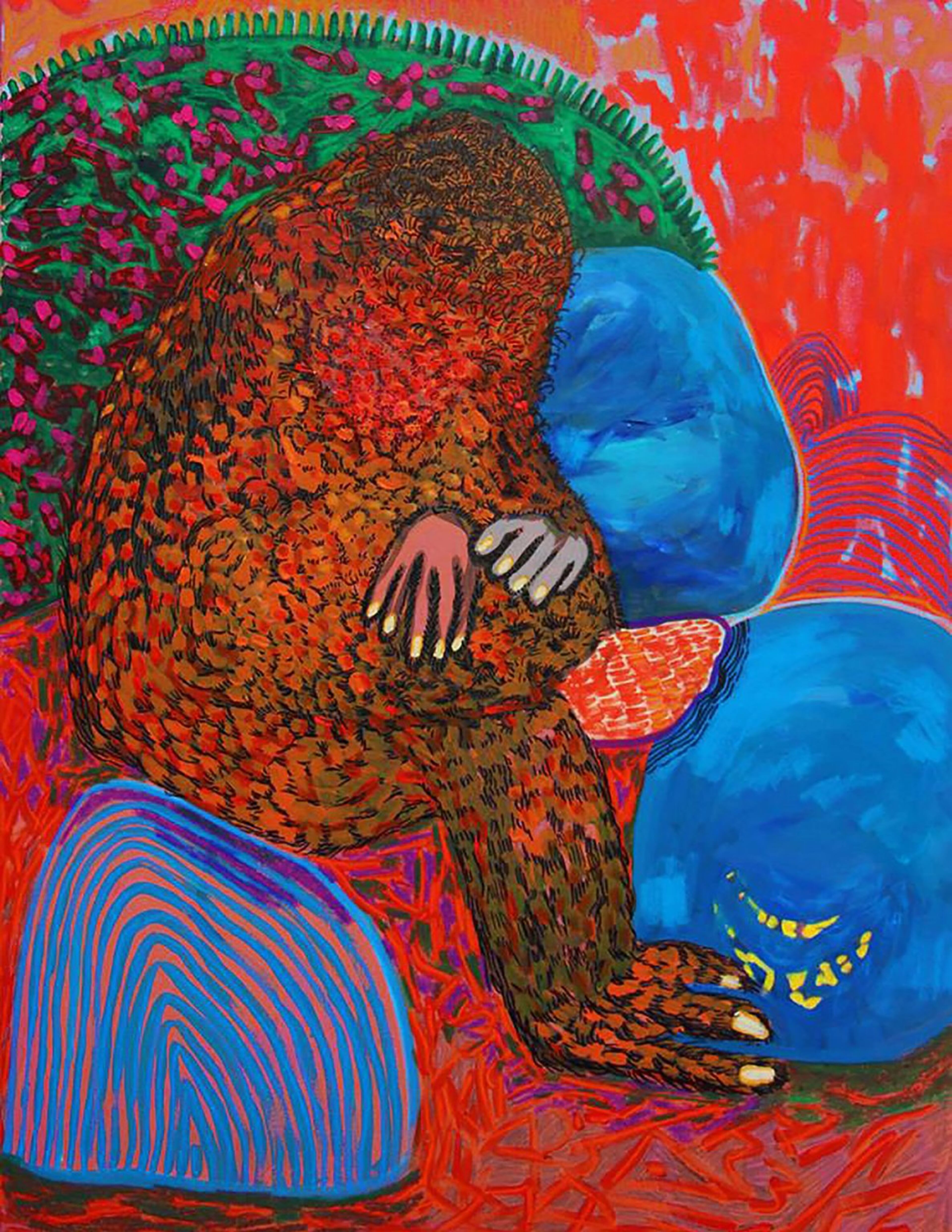 Artist Carla Contreras’ mixed media on canvas painting “Ikea Bags.” Photo credit: Carla Contreras