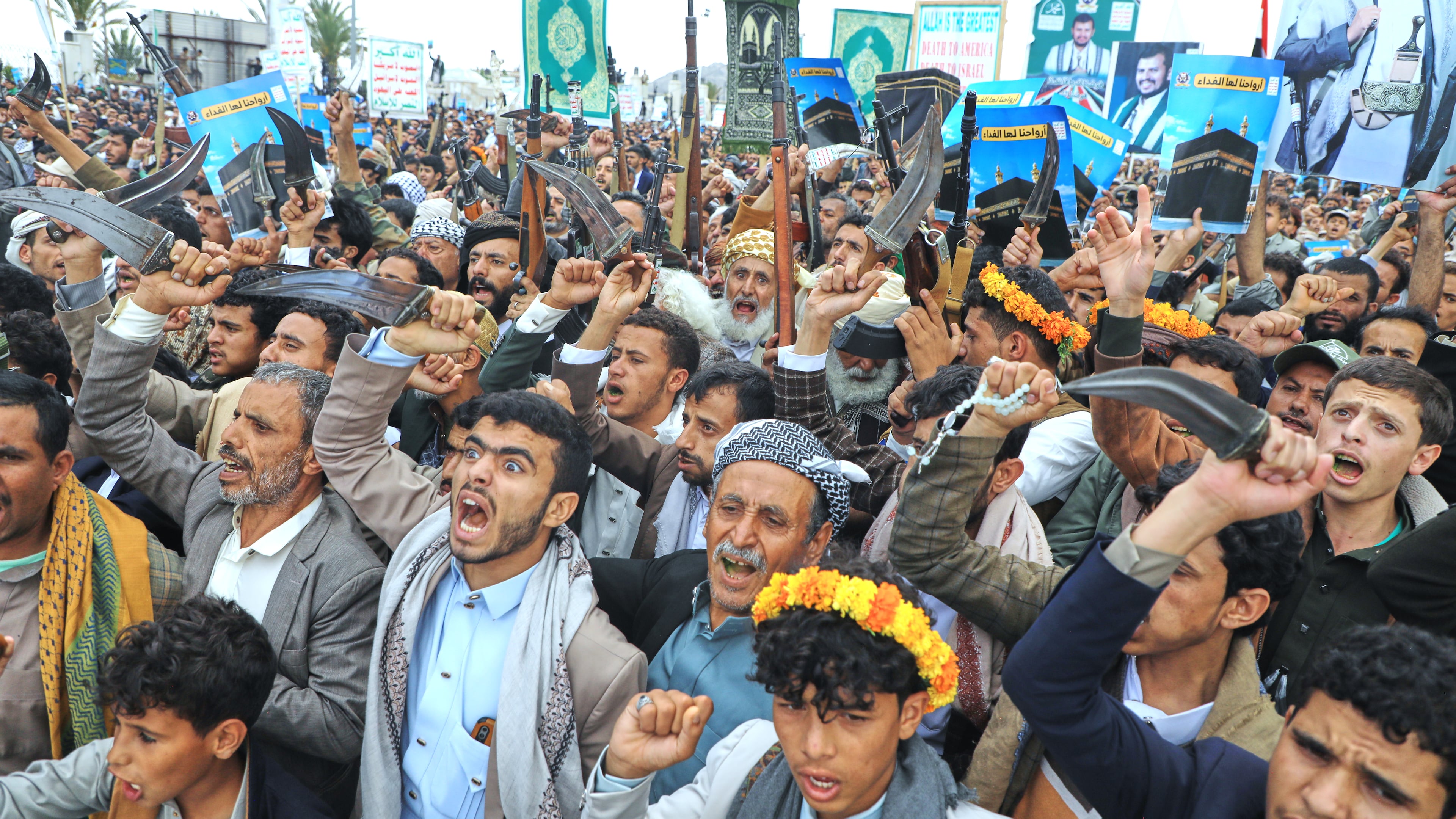 Supporters of Yemen's Houthi rebels shout slogans during a rally in support of the group and to protest Saudi Arabia's accusation that the Houthis targeted Islam's holiest site of Mecca, in Sanaa, Yemen, Friday, Sept. 18, 2026. (AP Photo/Osamah Abdulrahman)