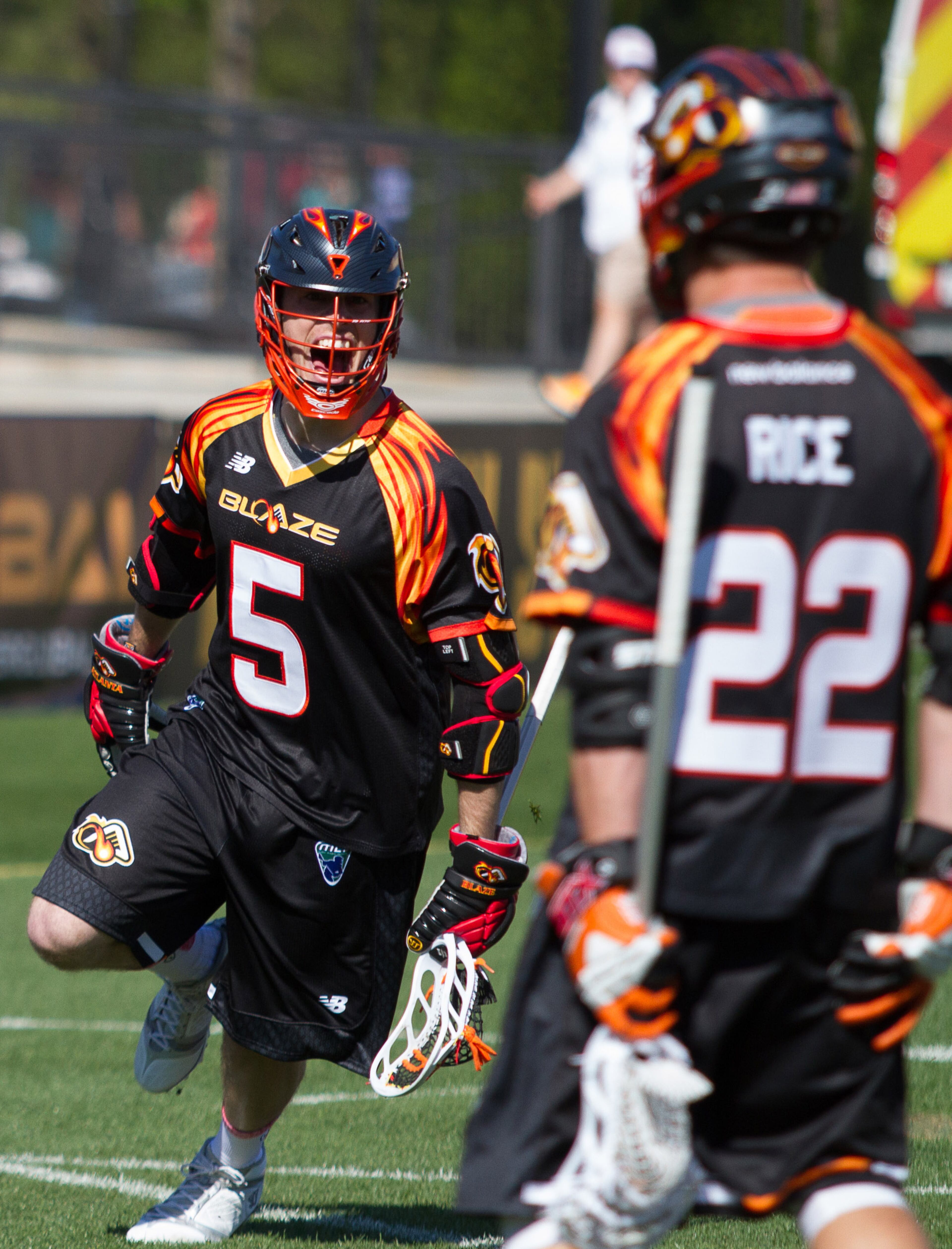 The Atlanta Blaze player Nicky Galasso (L) celebrates after an early goal during the Blaze's inaugural game Saturday night April 23, 2016 in Kennesaw, Ga. The Chesapeake Bayhawks spoiled Atlanta’s debut game beating them 16-13. STEVE SCHAEFER / SPECIAL TO THE AJC