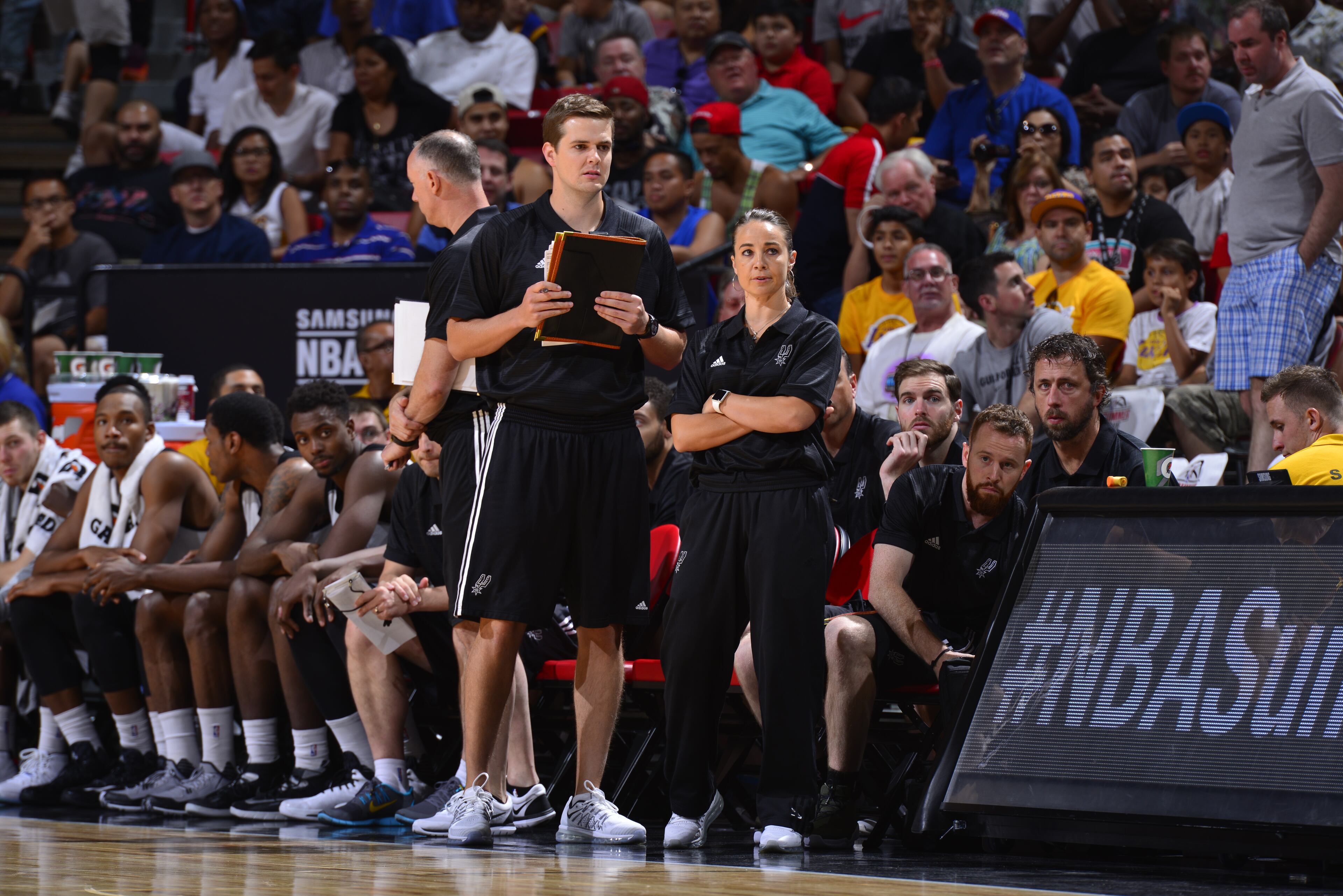 LAS VEGAS, NV - JULY 11: San Antonio Spurs head coach, Becky Hammon on the sidelines during the game against the New York Knicks on July 11, 2015 at Thomas And Mack Center, Las Vegas, Nevada. NOTE TO USER: User expressly acknowledges and agrees that, by downloading and or using this Photograph, user is consenting to the terms and conditions of the Getty Images License Agreement. Mandatory Copyright Notice: Copyright 2015 NBAE (Photo by David Dow/NBAE via Getty Images)