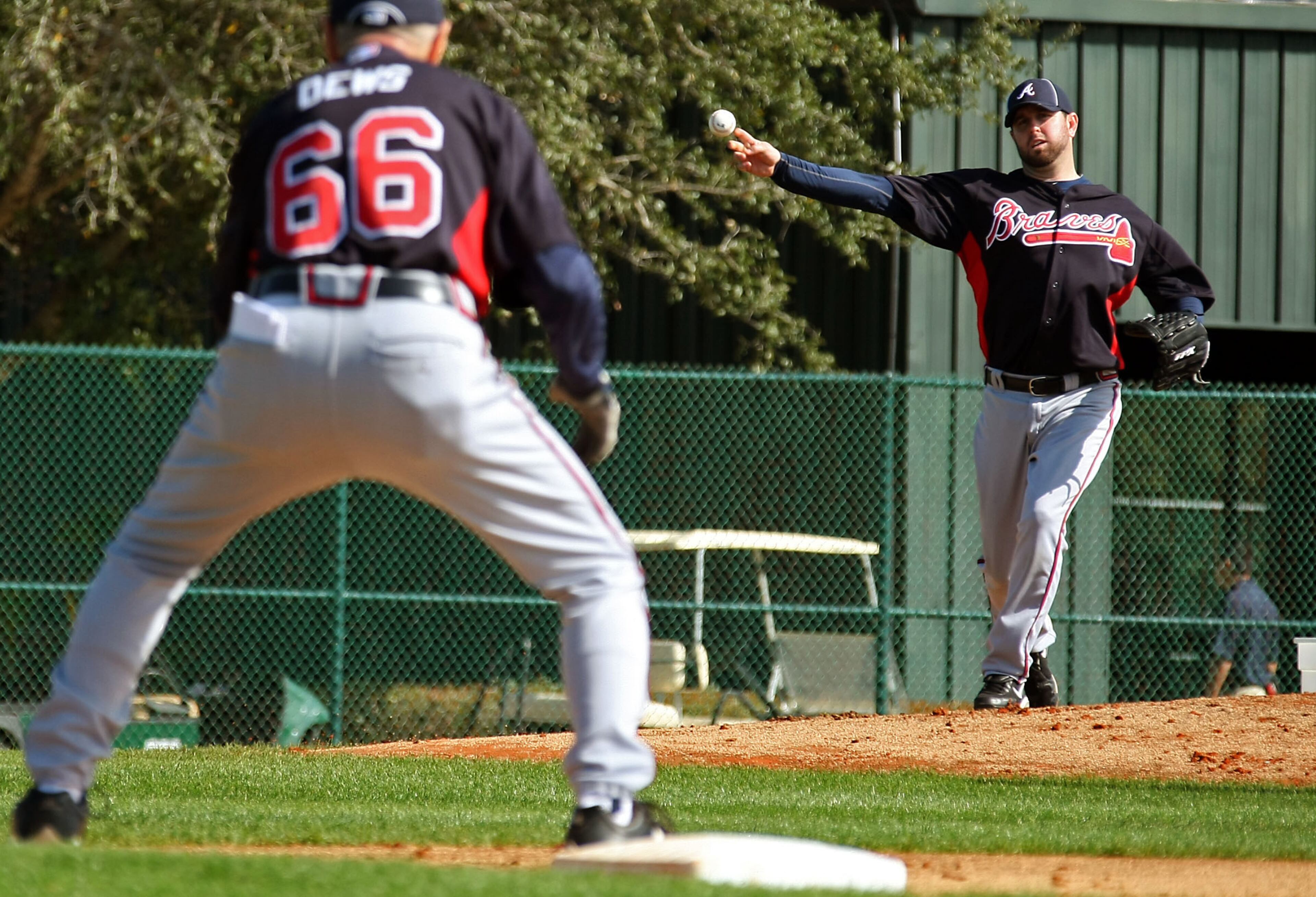 110218 Lake Buena Vista, Fl; Atlanta Braves pitcher Peter Moylan throws to first base covered by Braves Consultant Bobby Dews during the fourth day of workouts for pitchers and catchers of Spring Training at Champion Stadium in the ESPN Wide World of Sports Complex Friday morning in Lake Buena Vista, Fl., Feb. 18, 2011. Jason Getz jgetz@ajc.com