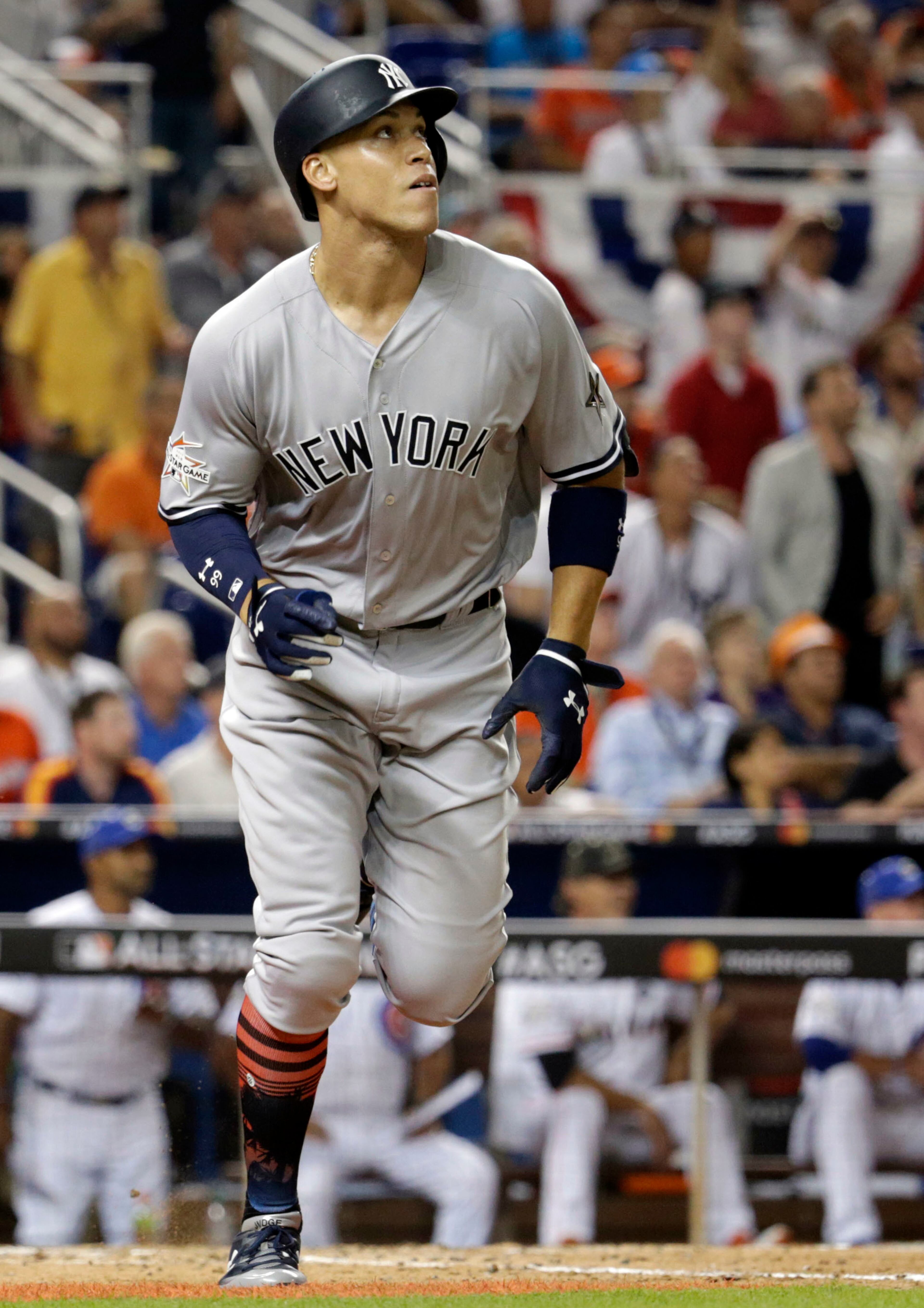 American League's New York Yankees Aaron Judge (99), watches his hit in the fifth inning, during the MLB baseball All-Star Game, Tuesday, July 11, 2017, in Miami. (AP Photo/Lynne Sladky)