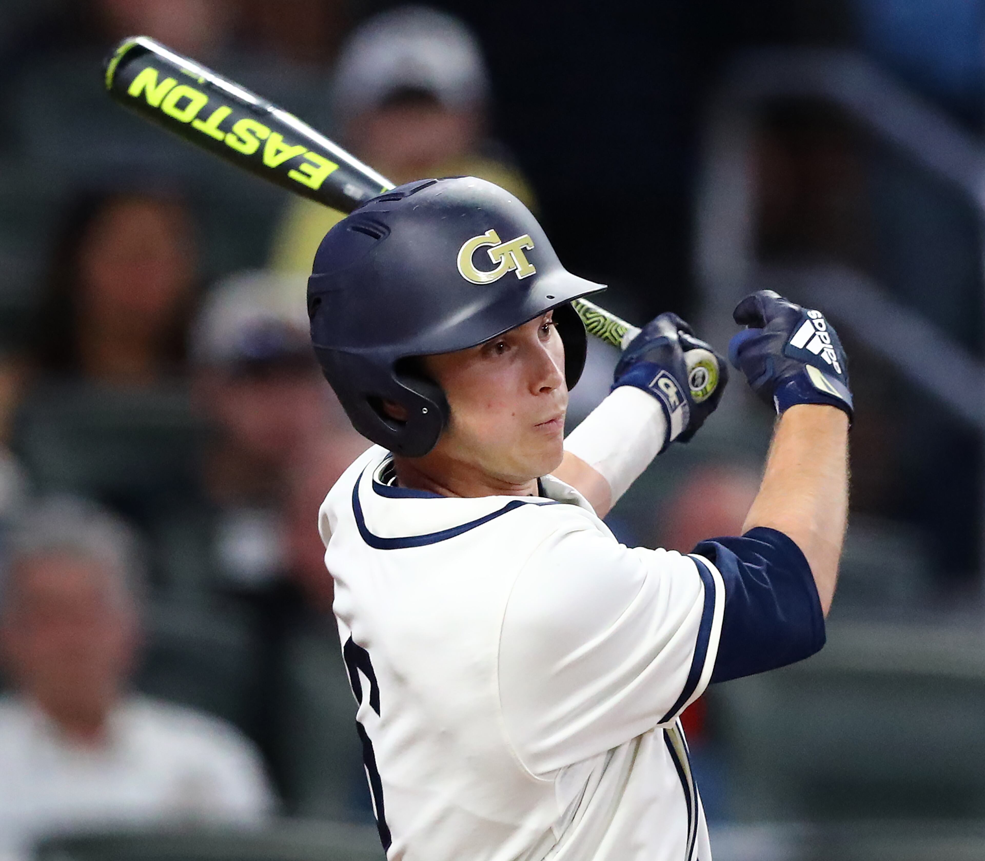 April 23, 2019 Atlanta: Georgia Tech player Michael Guldberg hits a sacrafice fly for an RBI to take a 8-5 lead over Georgia during the fifth inning in the Spring Classic NCAA college baseball game at SunTrust Park on Tuesday, April 23, 2019, in Atlanta. Curtis Compton/ccompton@ajc.com