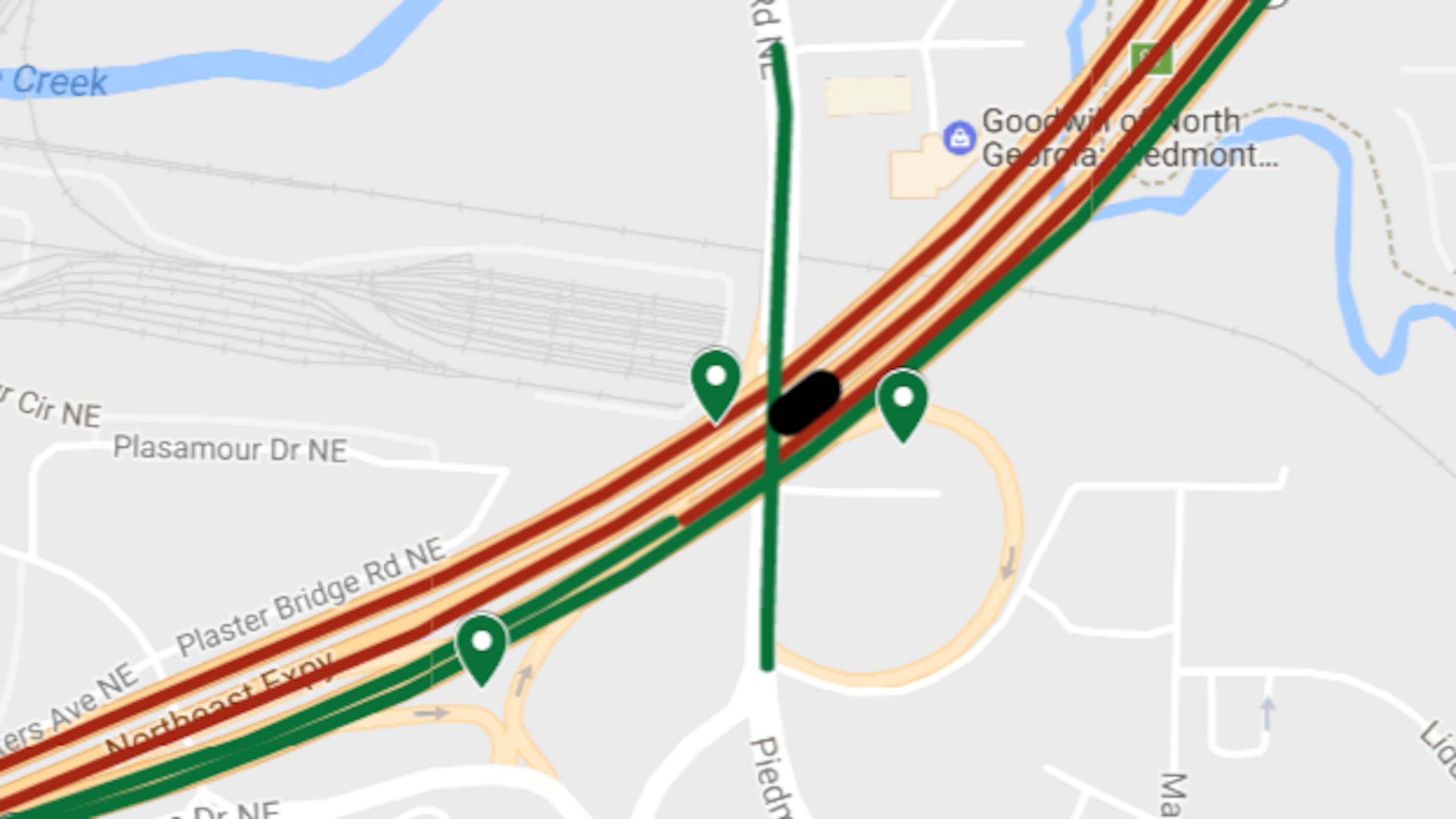 This is a detail of a map showing the location of Alanta's I-85 collapse, as well as road closures and detours.