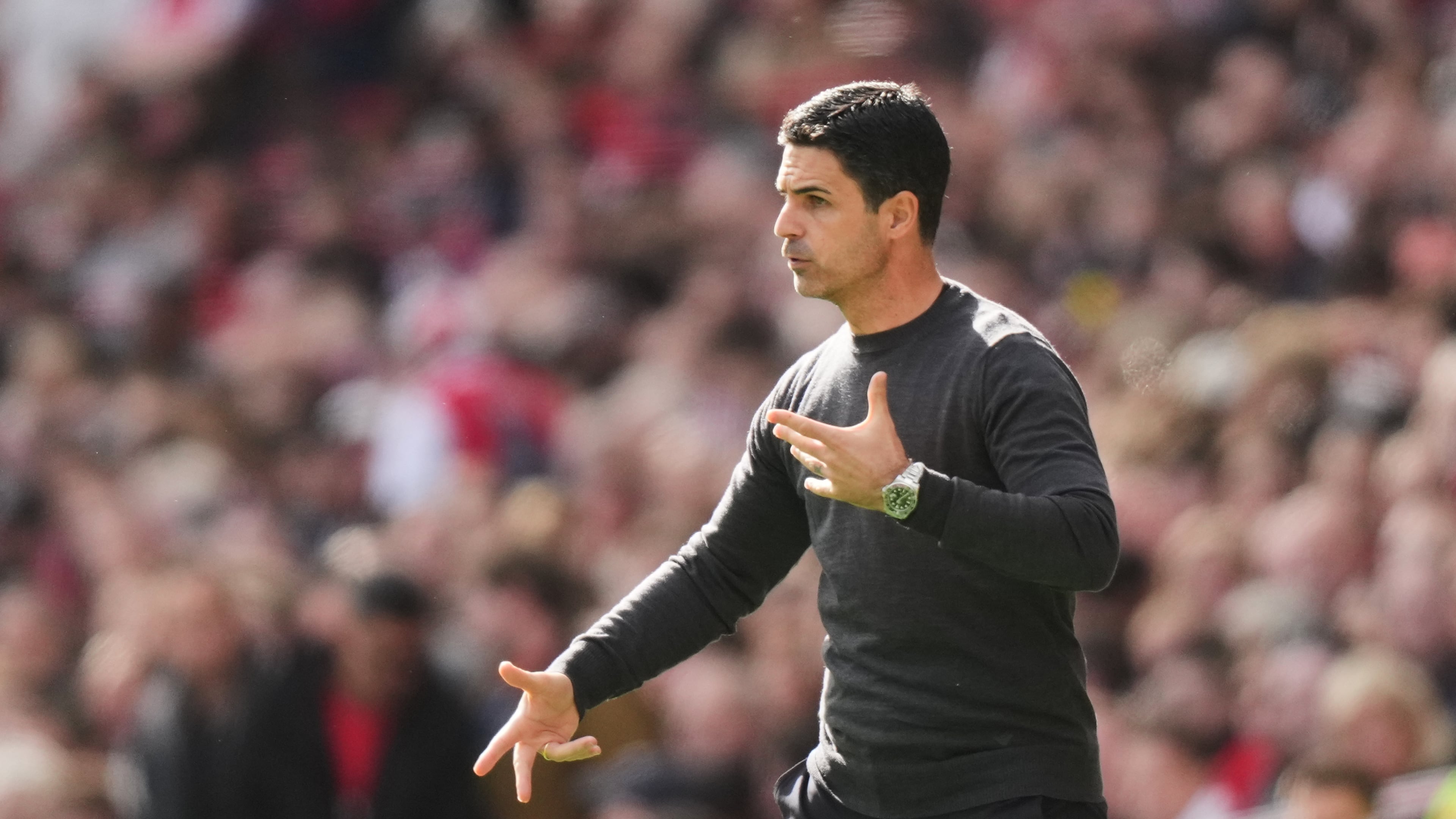 Arsenal's manager Mikel Arteta reacts during the English Premier League soccer match between Arsenal and Leeds United in London, Saturday, Oct. 10, 2026. (AP Photo/Alastair Grant)