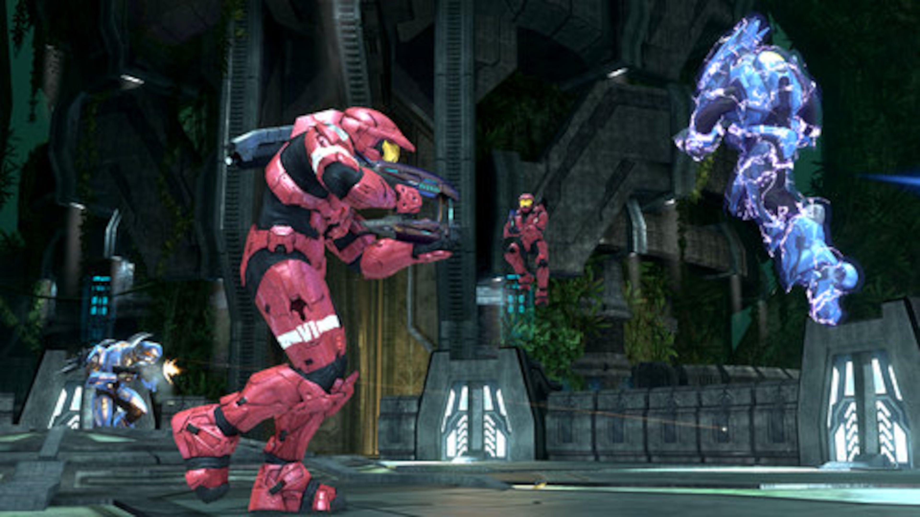 Red and blue teams go at it in online multiplayer. Up to 16 players can join the battle on the game's 11 maps. New in Halo 3 is the ability to edit maps.
