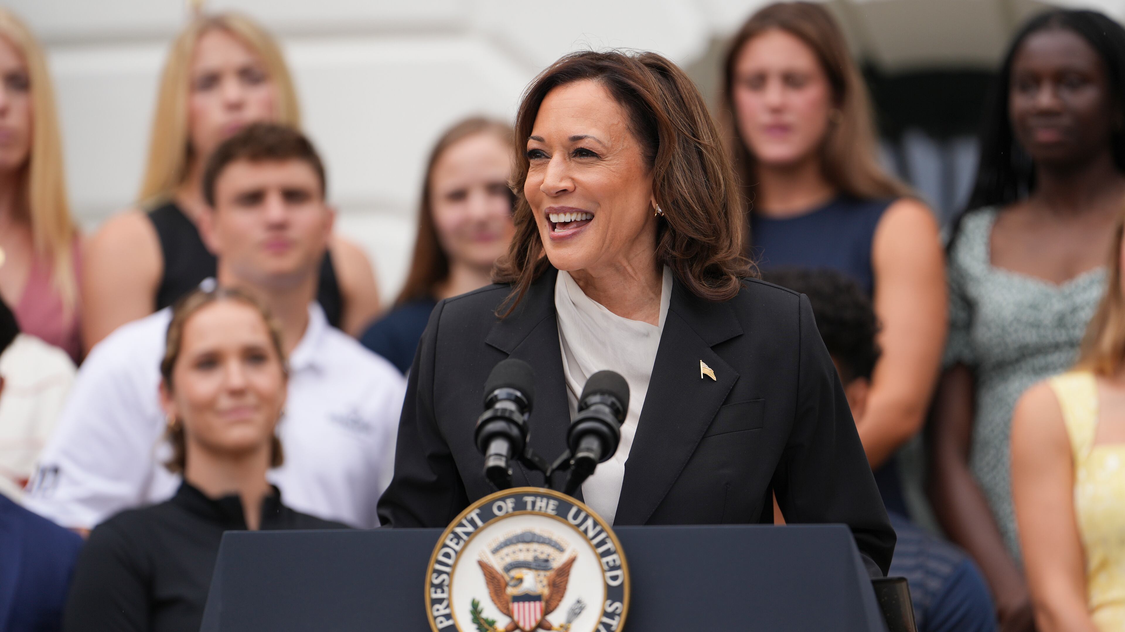 Vice President Kamala Harris speaks at an event for NCAA champions on the South Lawn of the White House in Washington, on Monday, July 22, 2024. (Erin Schaff/The New York Times)