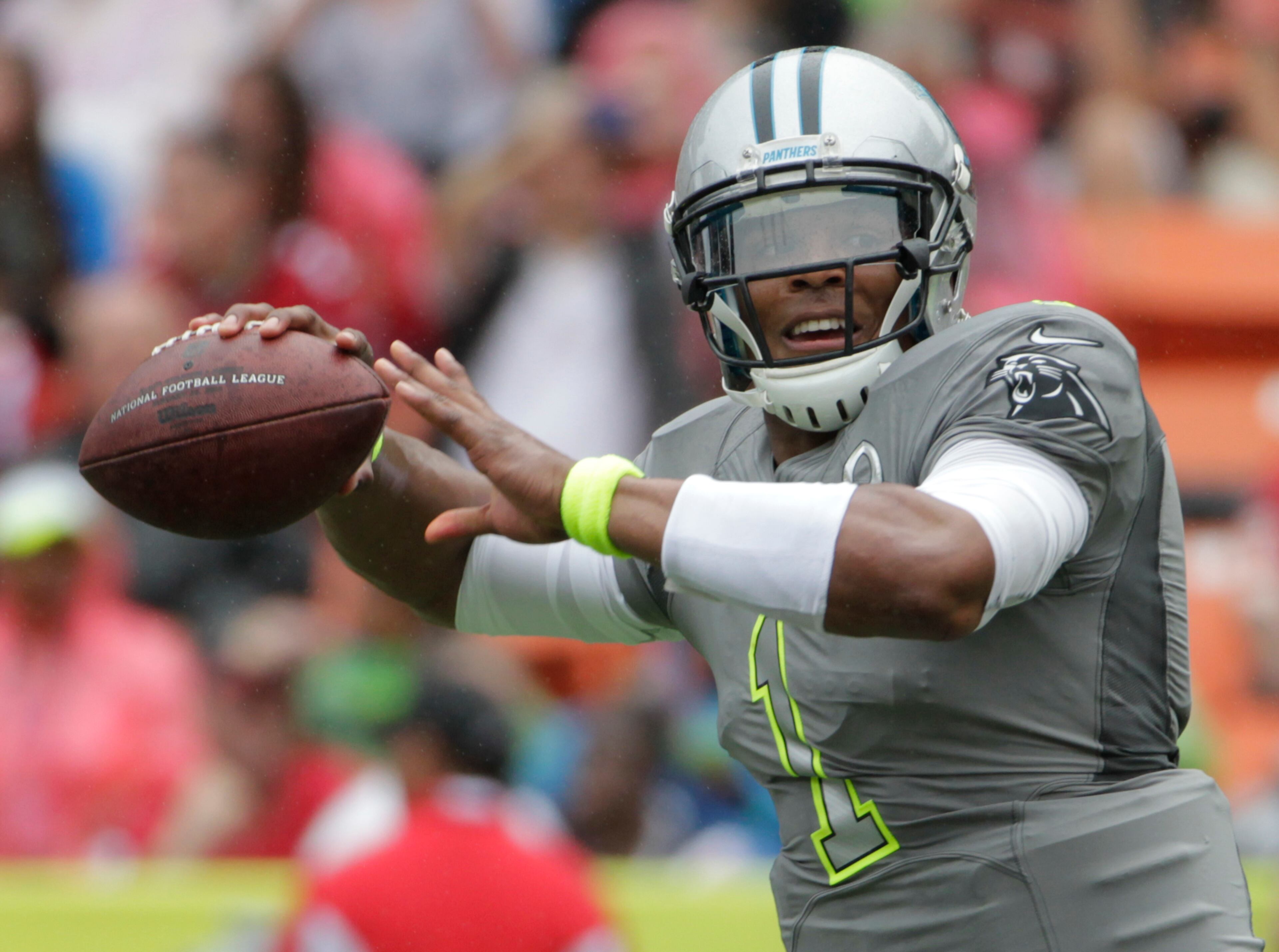 Carolina Panthers quarterback Cam Newton (1) of Team Sanders drops back to pass in the second quarter quarter of the NFL Pro Bowl football game in Honolulu Sunday, Jan. 26, 2014, in Honolulu. (AP Photo/Eugene Tanner)