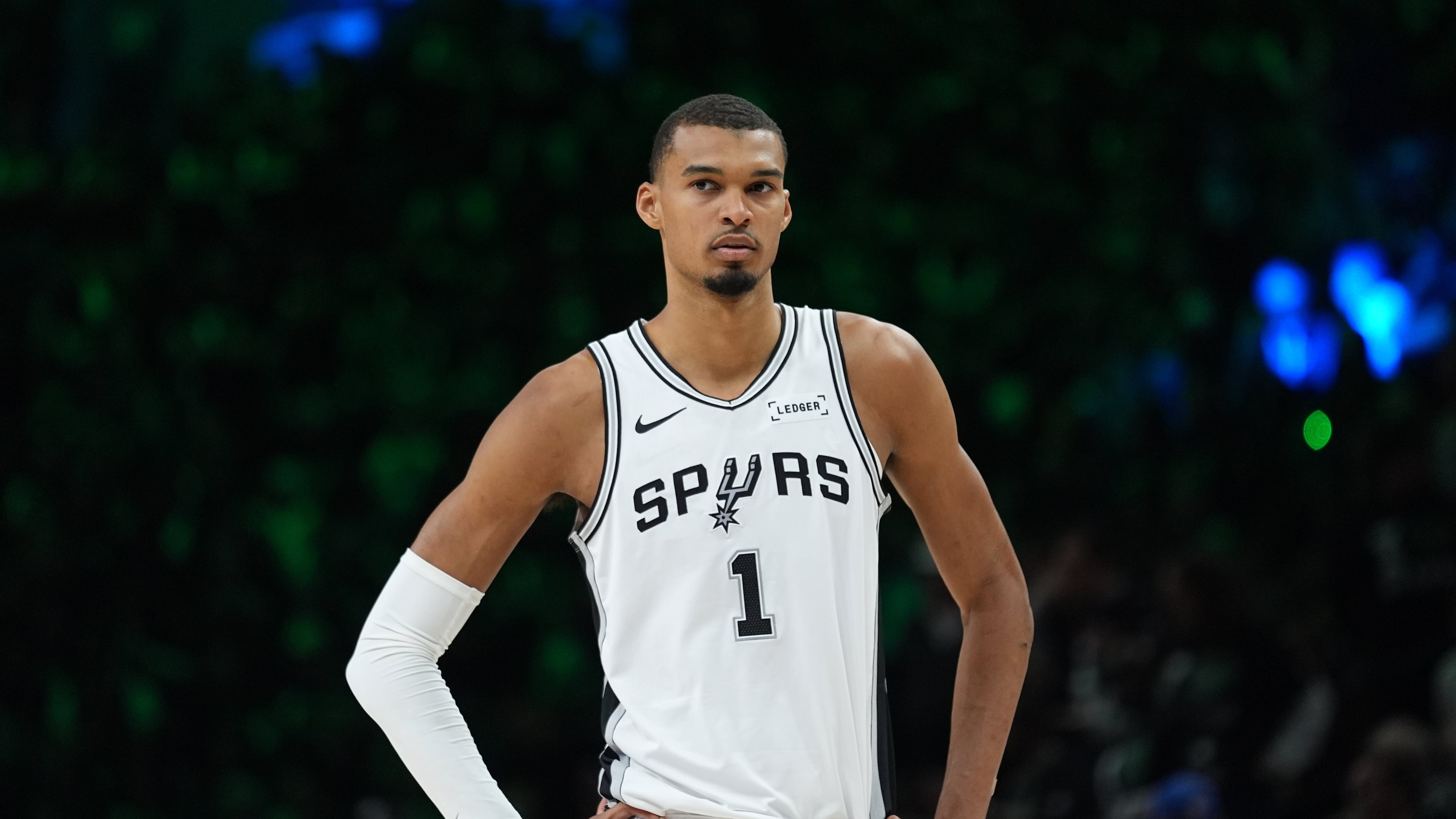 San Antonio Spurs forward Victor Wembanyama (1) waits for play to resume during the first half of Game 3 of a NBA basketball second-round playoff series against the Minnesota Timberwolves in Minneapolis, Friday, May 8, 2026. (AP Photo/Abbie Parr)