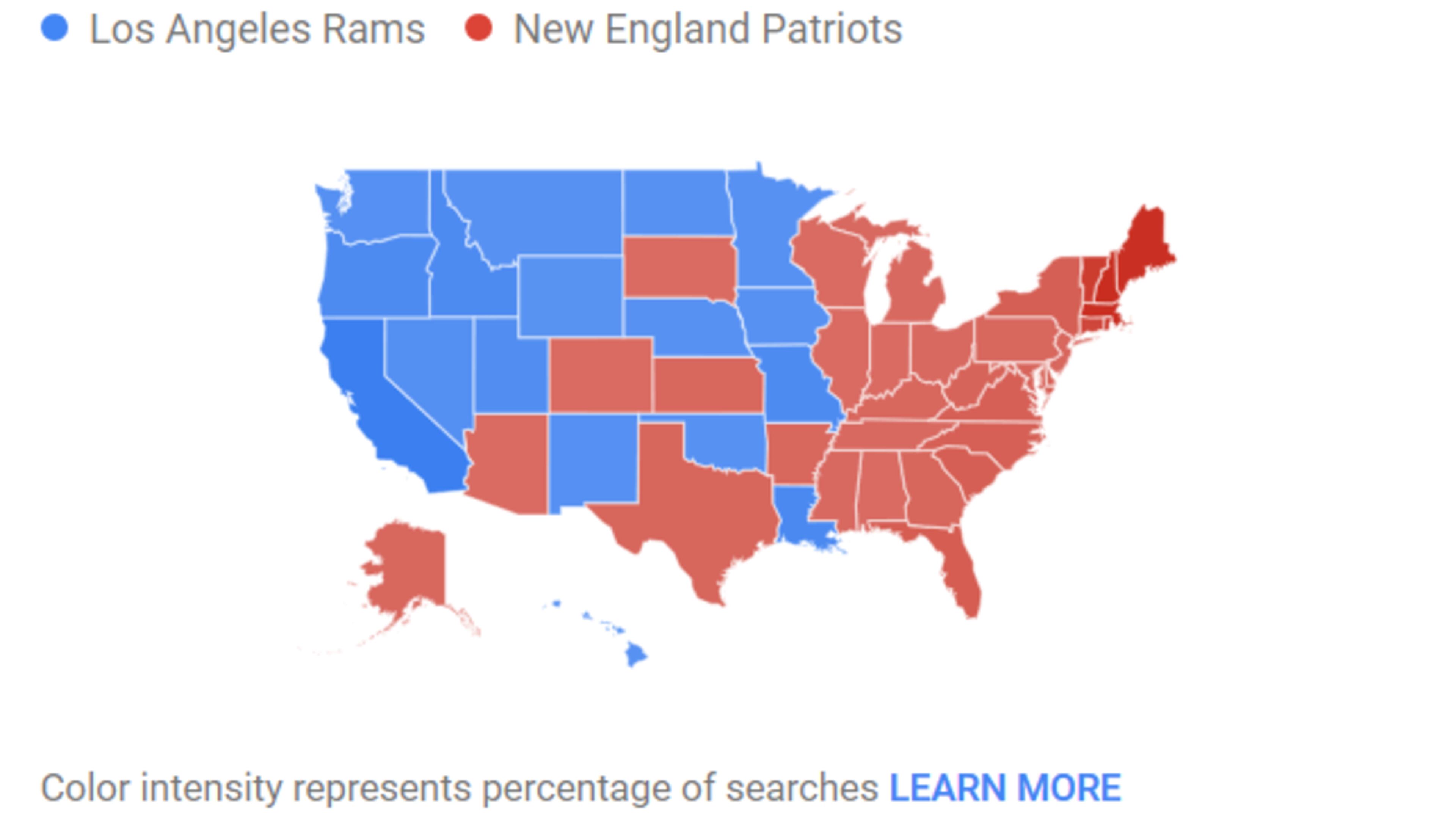 Google Trends shows a divided Super Bowl nation. Red States have higher interest in the Patriots, Blue States lean toward Rams. (Google Trends image)