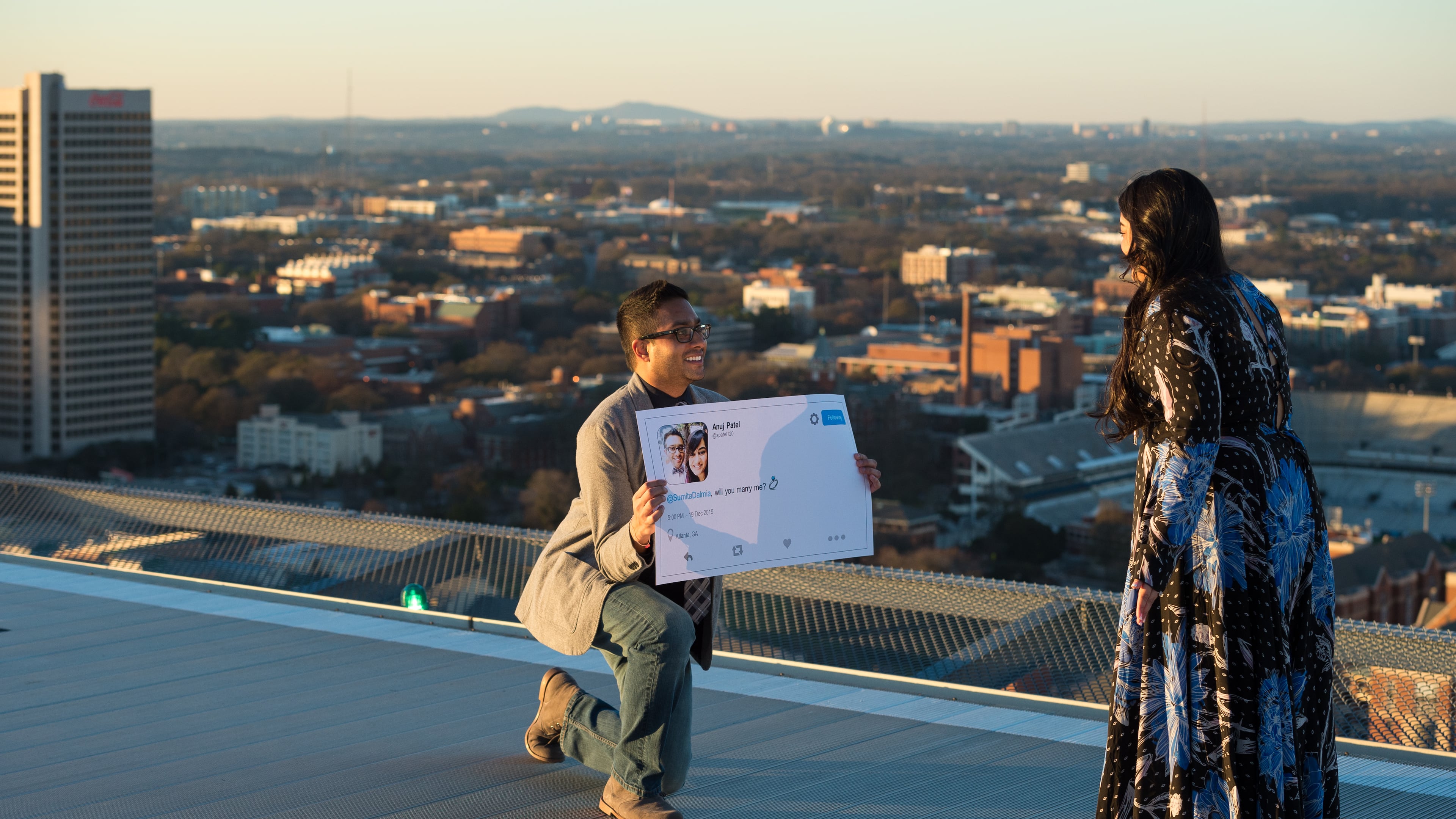 Anuj Patel proposes to Sumita Dalmia with a Twitter-themed proposal.