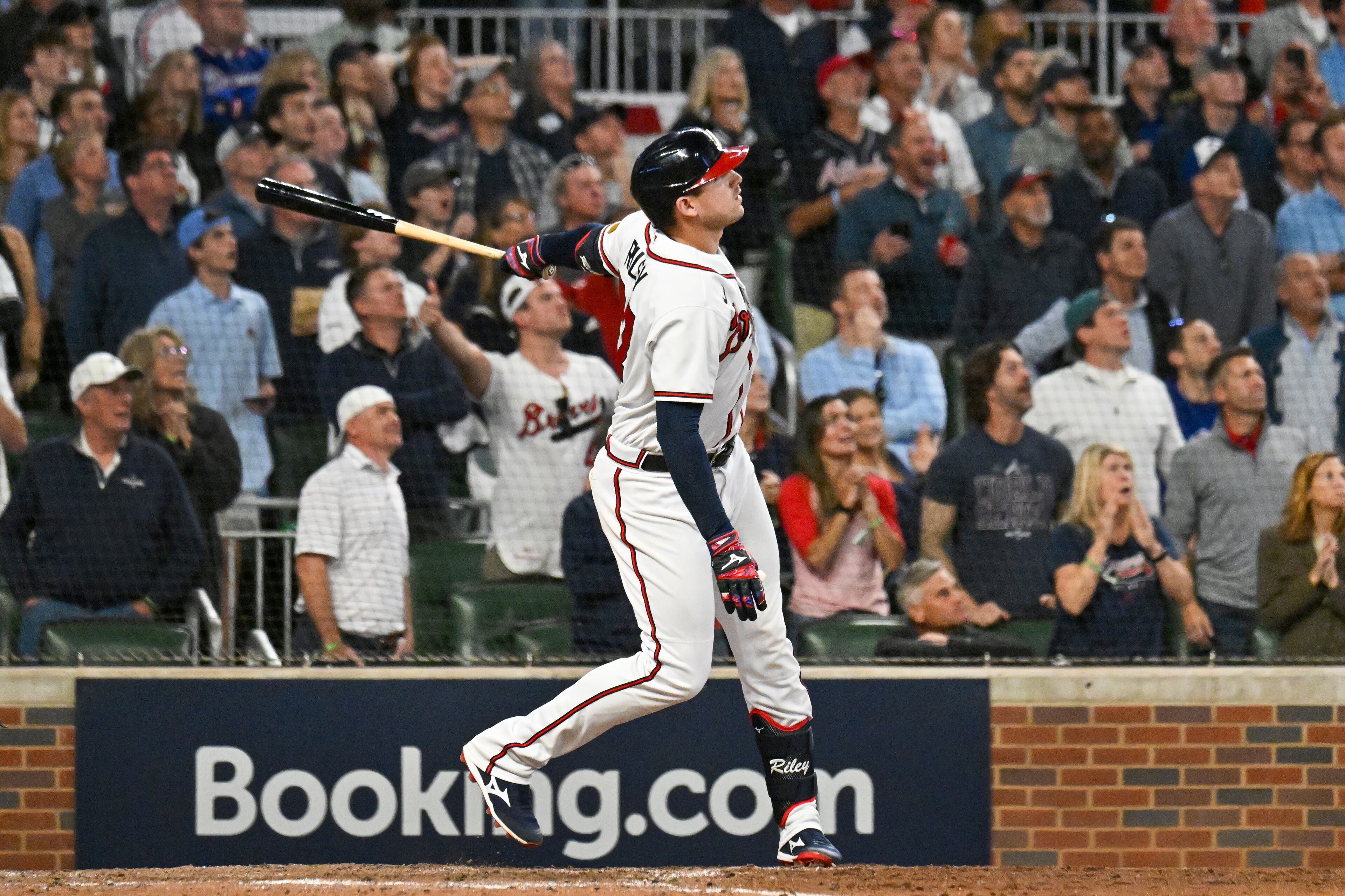 Atlanta Braves’ Austin Riley (27) hits a two-run home run against the Philadelphia Phillies during the eighth inning of NLDS Game 2 in Atlanta on Monday, Oct. 9, 2023. (Hyosub Shin / Hyosub.Shin@ajc.com)
