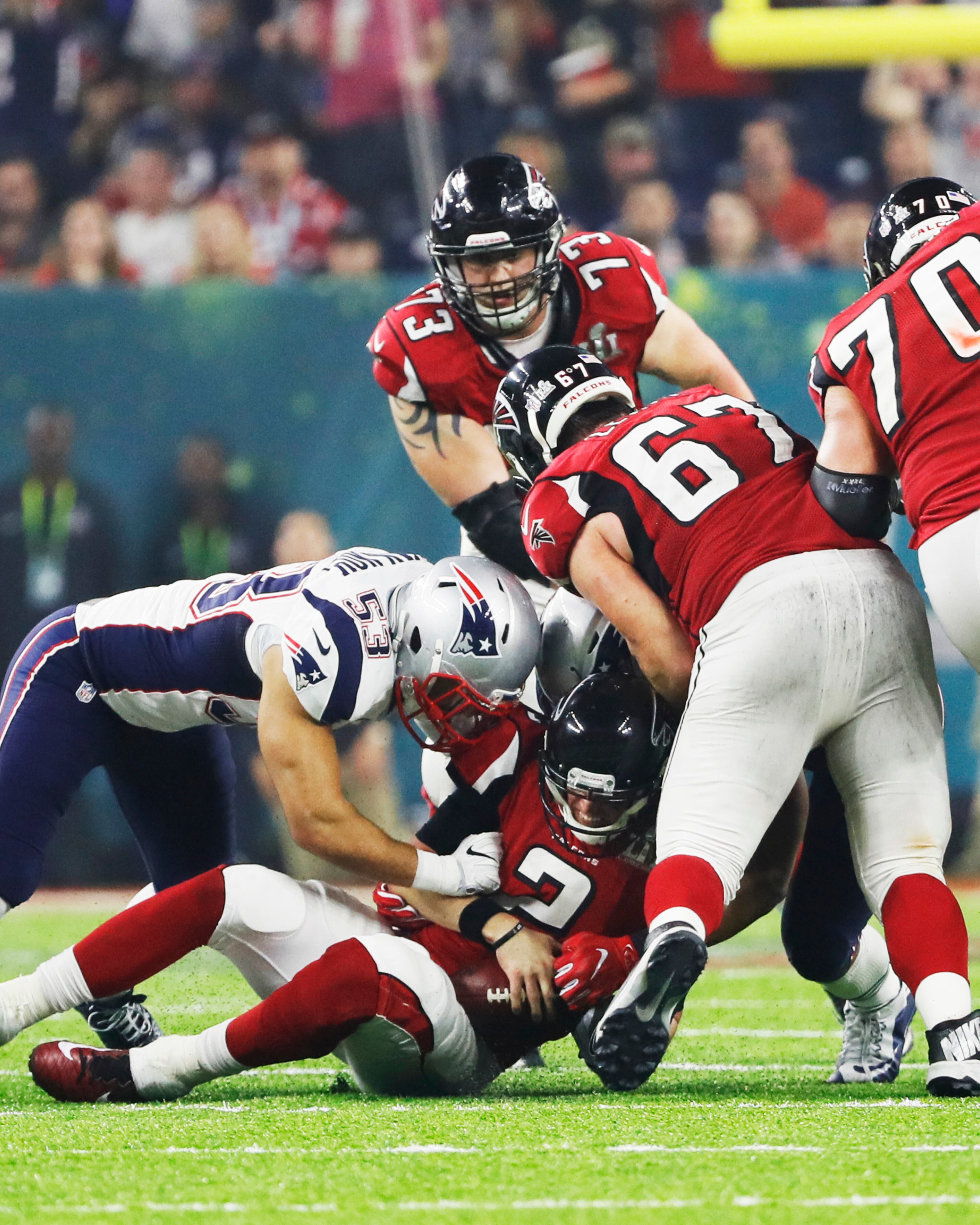 FEBRUARY 5, 2017 HOUSTON TX Atlanta Falcons quarterback Matt Ryan (2) gets sacked and forces an Atlanta punt as the Atlanta Falcons meet the New England Patriots in Super Bowl LI at NRG Stadium in Houston, TX, Sunday, February 5, 2017. Bob Andres/AJC