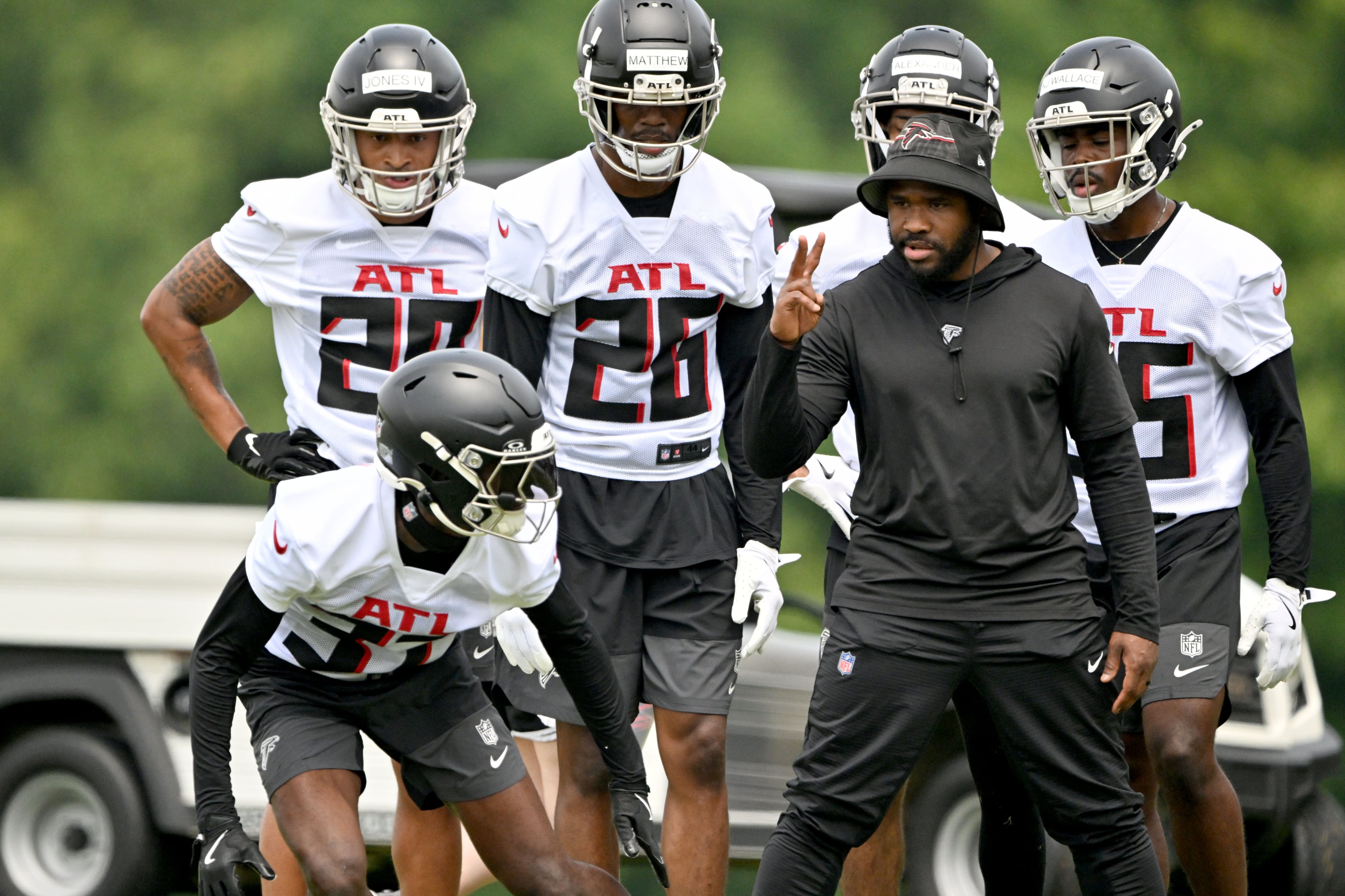 Atlanta Falcons cornerback Cobee Bryant (37) runs a drill during the Atlanta Falcons Rookie Minicamp at the Atlanta Falcons Training Camp, Friday, May 9, 2025, in Flowery Branch. (Hyosub Shin / AJC)