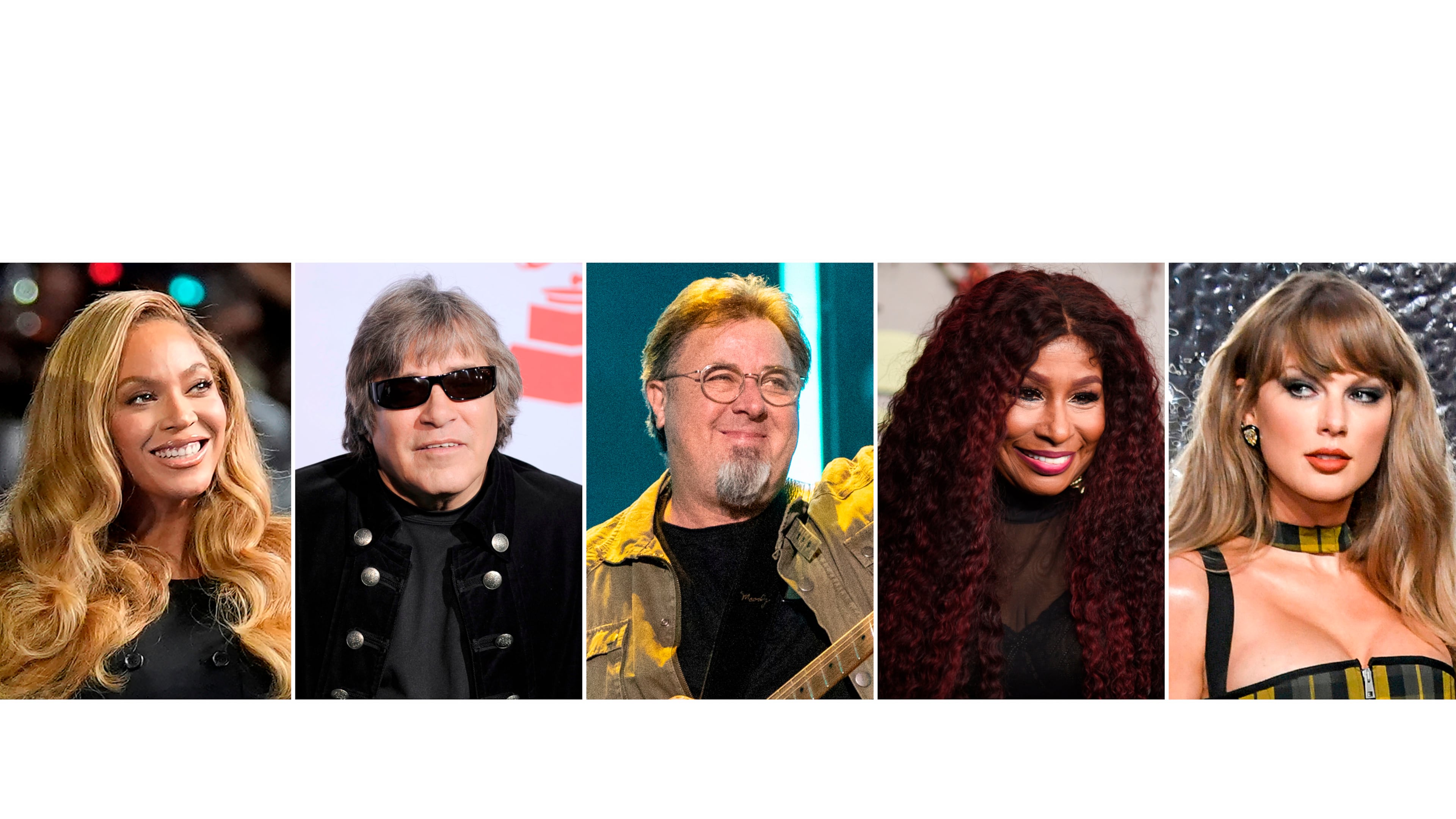 This combination of images show, from left, Beyoncé, Jose Feliciano, Vince Gill, Chaka Khan and Taylor Swift. (AP Photo)