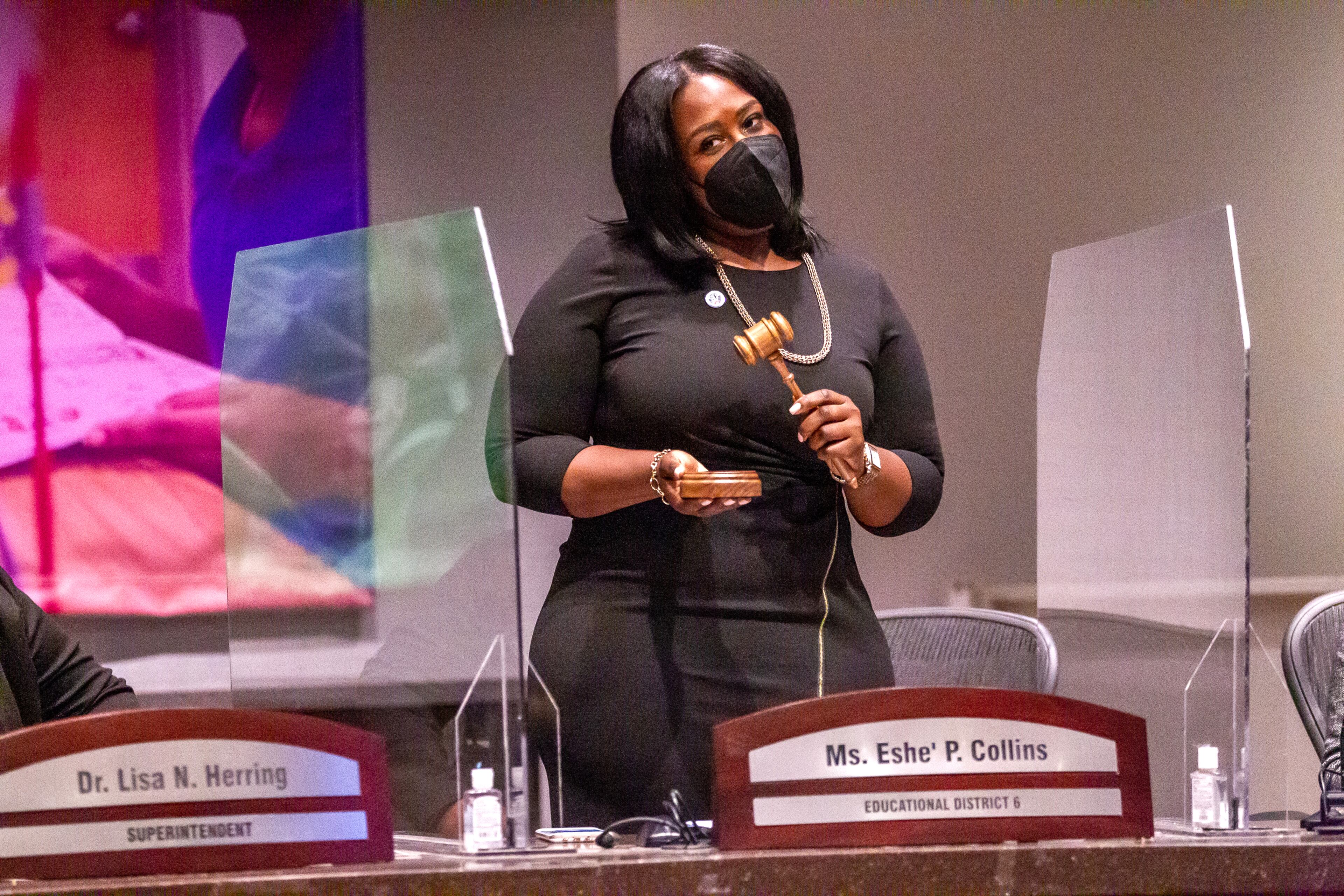 Eshé Collins holds her new gavel after being voted chair of the Atlanta Board of Education on Monday, Jan. 10, 2021. (Steve Schaefer for The Atlanta Journal-Constitution)