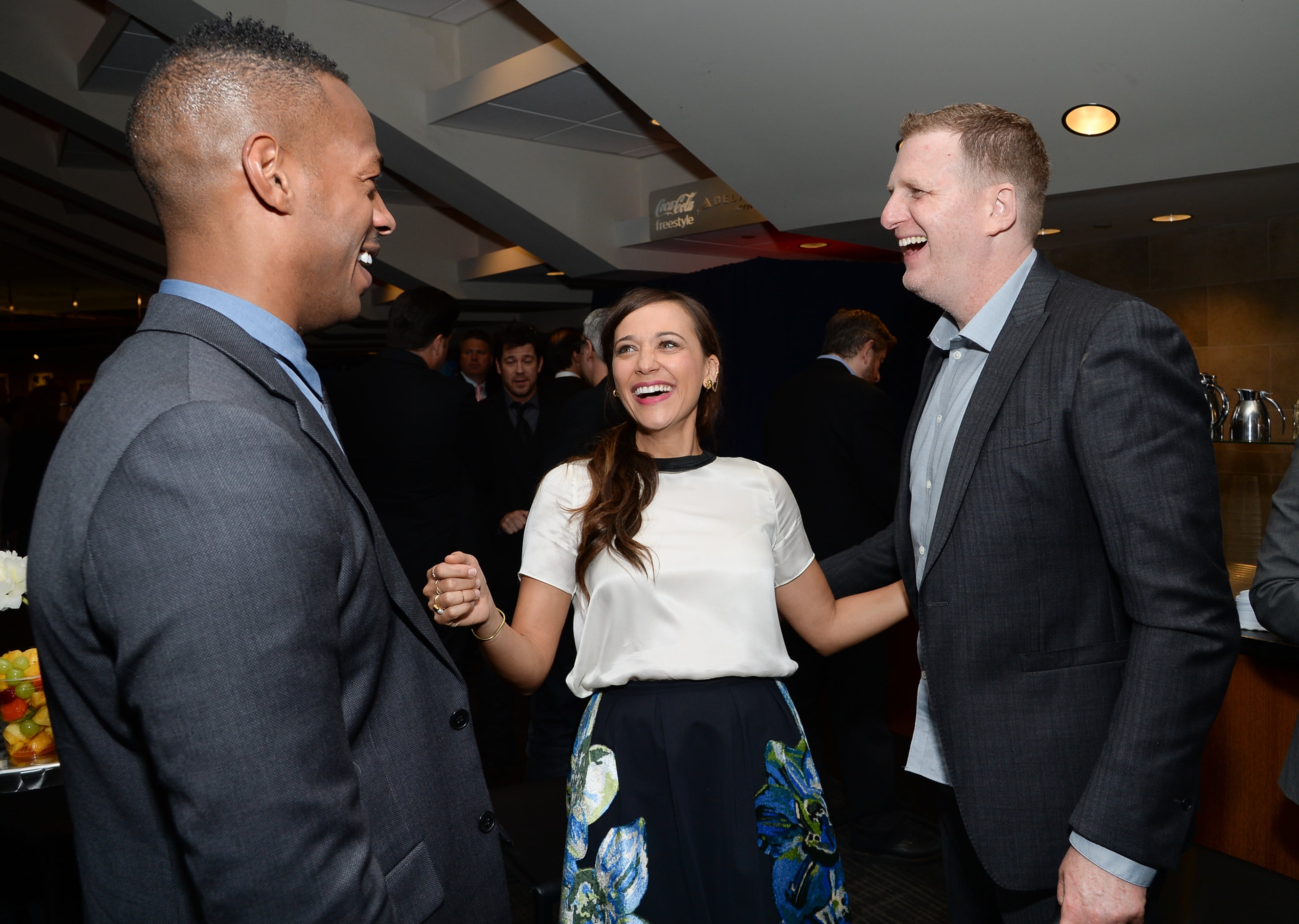 Marlon Wayans, from left, Rashida Jones and Michael Rapaport pose backstage at the TNT and TBS Network 2014 Upfront Presentations at Madison Square Garden on Wednesday, May 14, 2014, in New York. (Photo by Evan Agostini/Invision/AP)