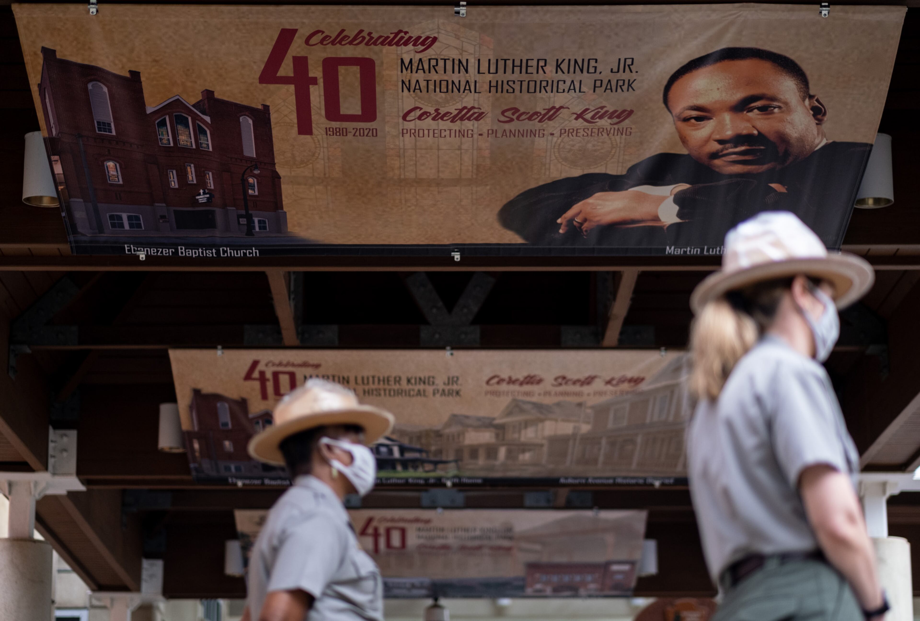 Some of the banners that make up the new exhibit at the Martin Luther King Jr. National Historic Park hang outside of the visitors center on Saturday, October 10, 2020, in Atlanta during a ribbon-cutting ceremony to honor the park’s 40th anniversary and to open a nearly completed outdoor exhibit. (Photo: Ben Gray for The Atlanta Journal-Constitution)