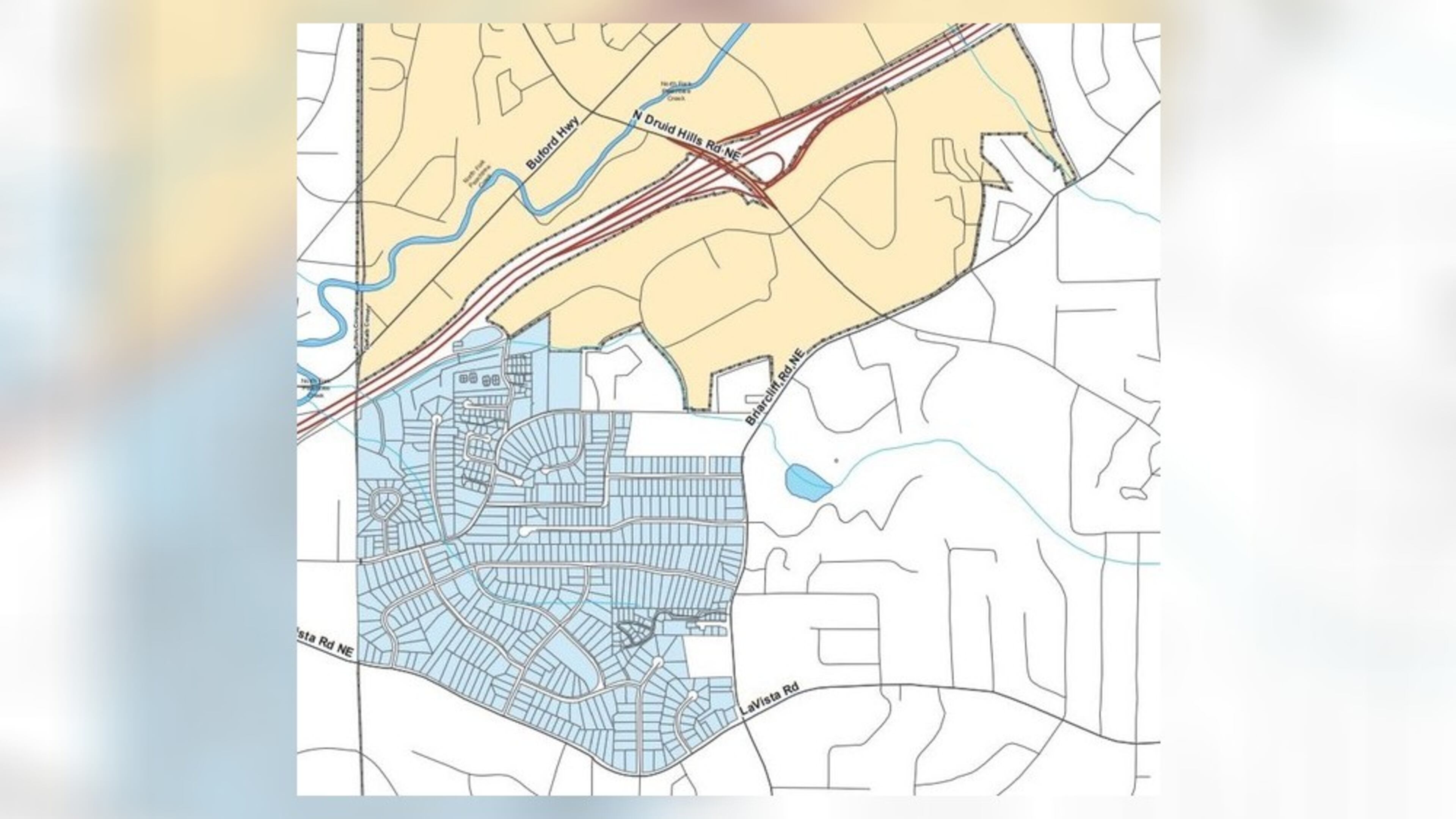 In this map, the area shaded blue is the neighborhood becoming part of the city of Brookhaven, shaded in yellow.