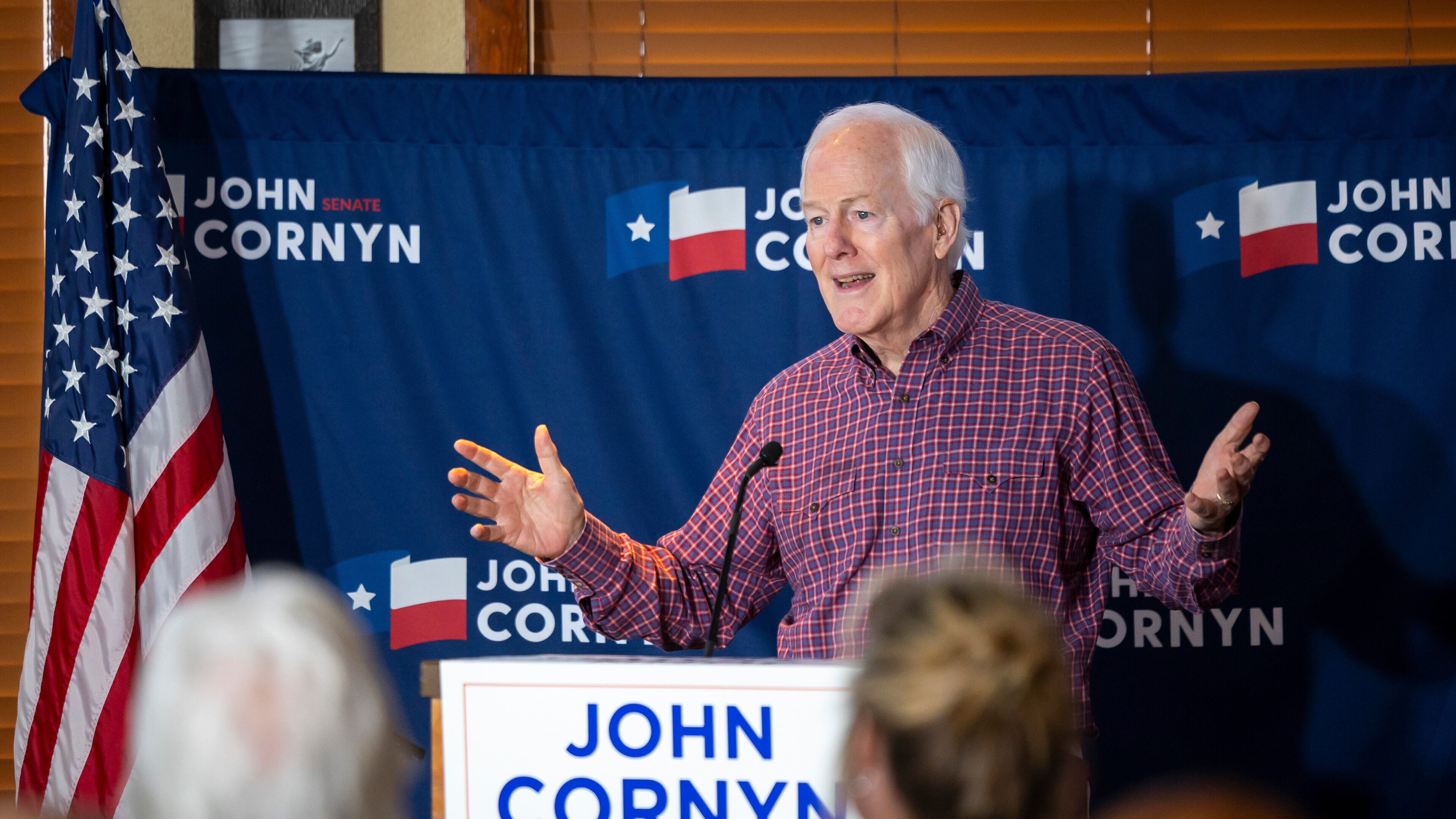 Sen. John Cornyn, R-Texas, speaks during a campaign stop in The Woodlands, Texas, Saturday, Feb. 28, 2026. (AP Photo/Annie Mulligan)