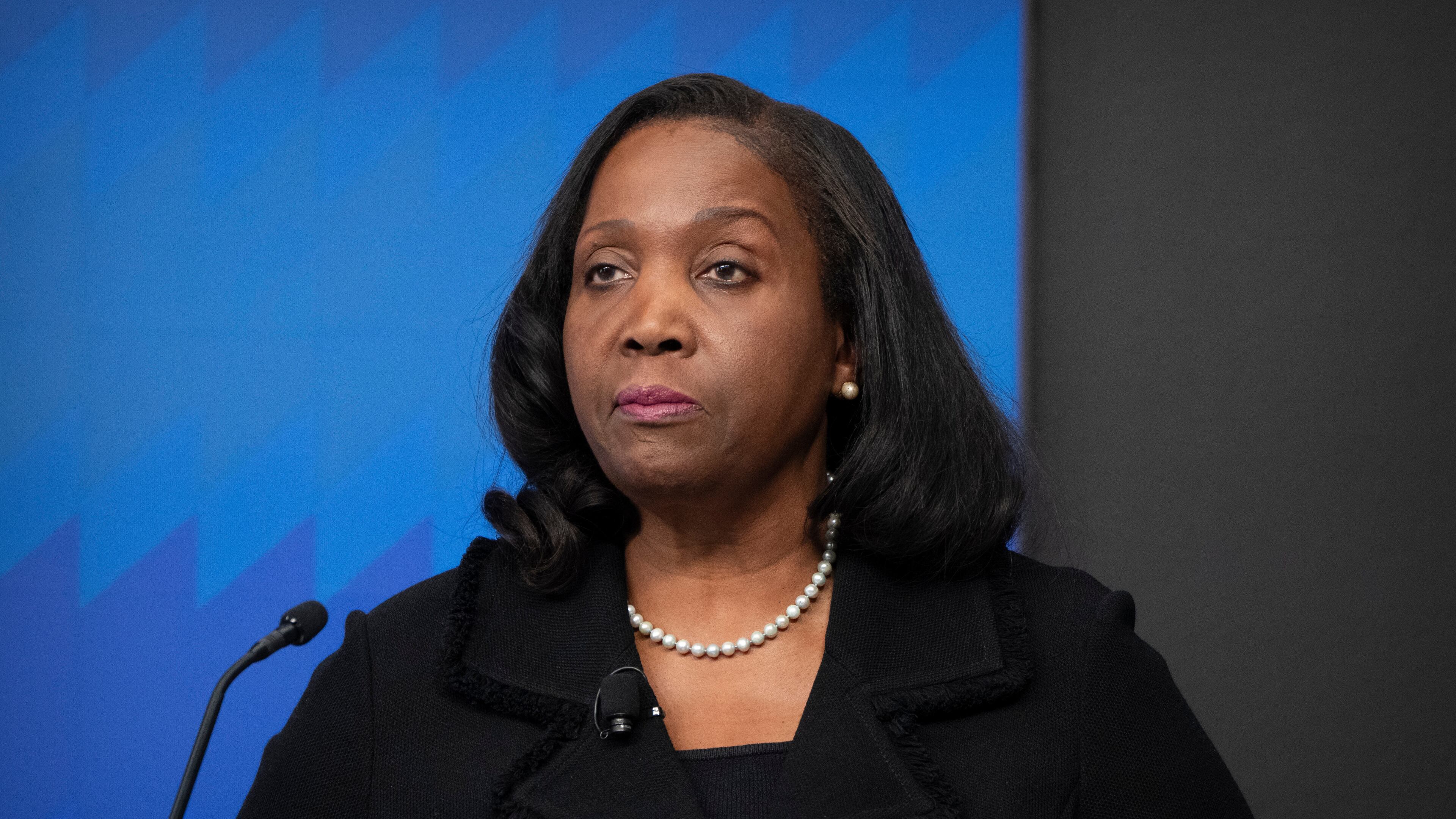 FILE - Lisa Cook, a Federal Reserve Board of Governors member, speaks during an event at the Brookings Institution, Nov. 3, 2025, in Washington. (AP Photo/Mark Schiefelbein, File)