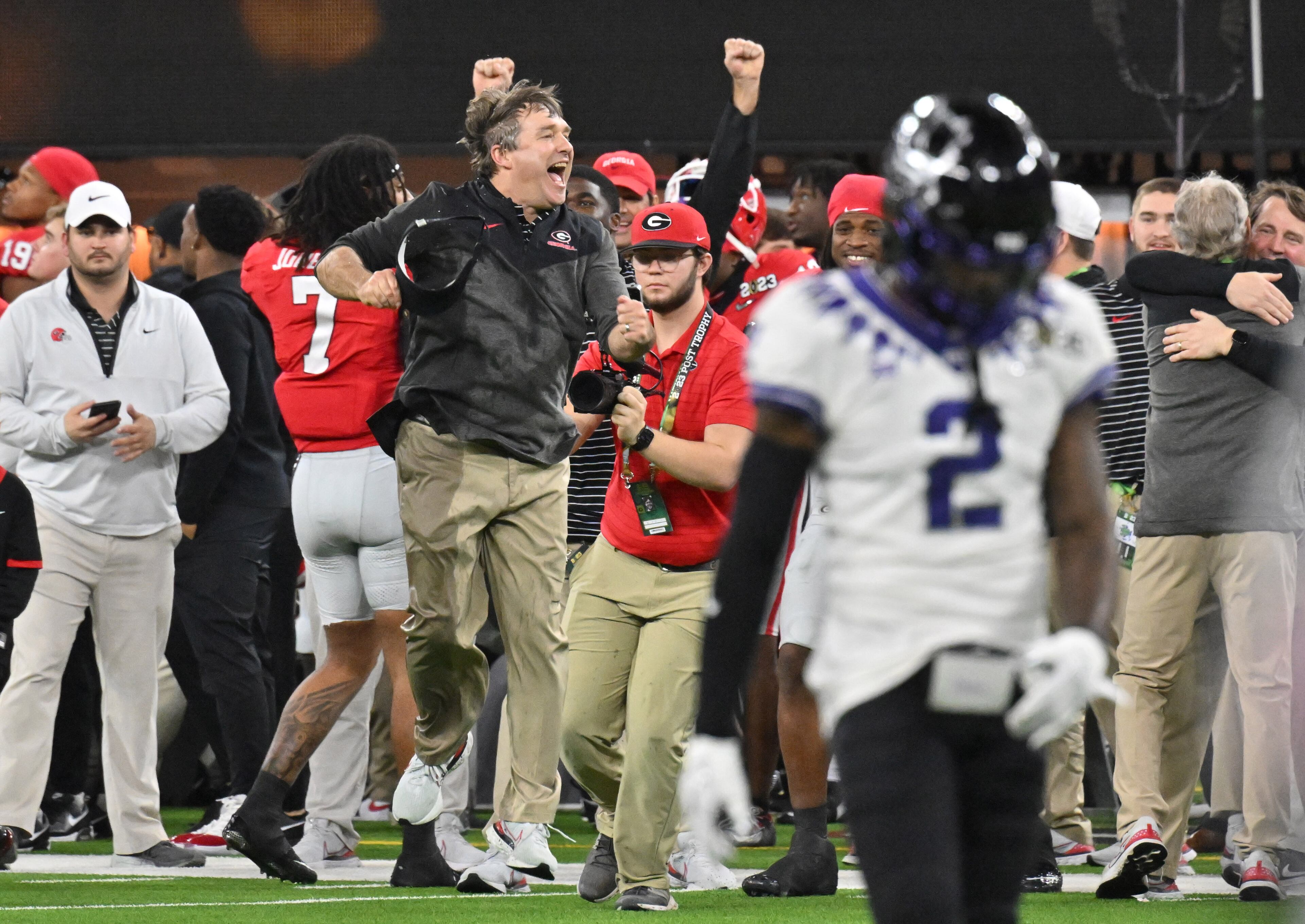 Georgia's head coach Kirby Smart celebrates the victory at the end of the 4th quarter during the 2023 College Football Playoff National Championship game against TCU at SoFi Stadium, Monday, Jan. 9, 2023, in Inglewood, California. (Hyosub Shin / Hyosub.Shin@ajc.com)