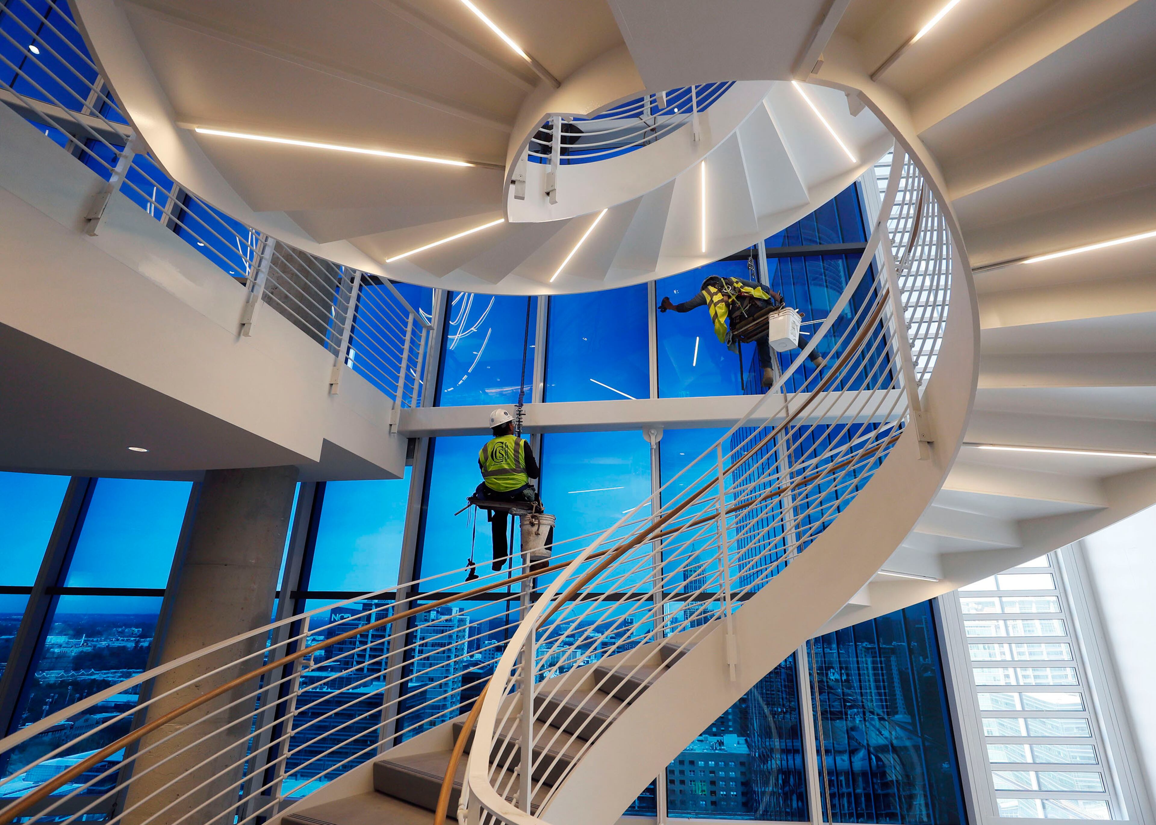 The spiral staircase, here in one of the top floor collaborative areas at the Coda project at Georgia Tech, is thought to be the longest in the world.