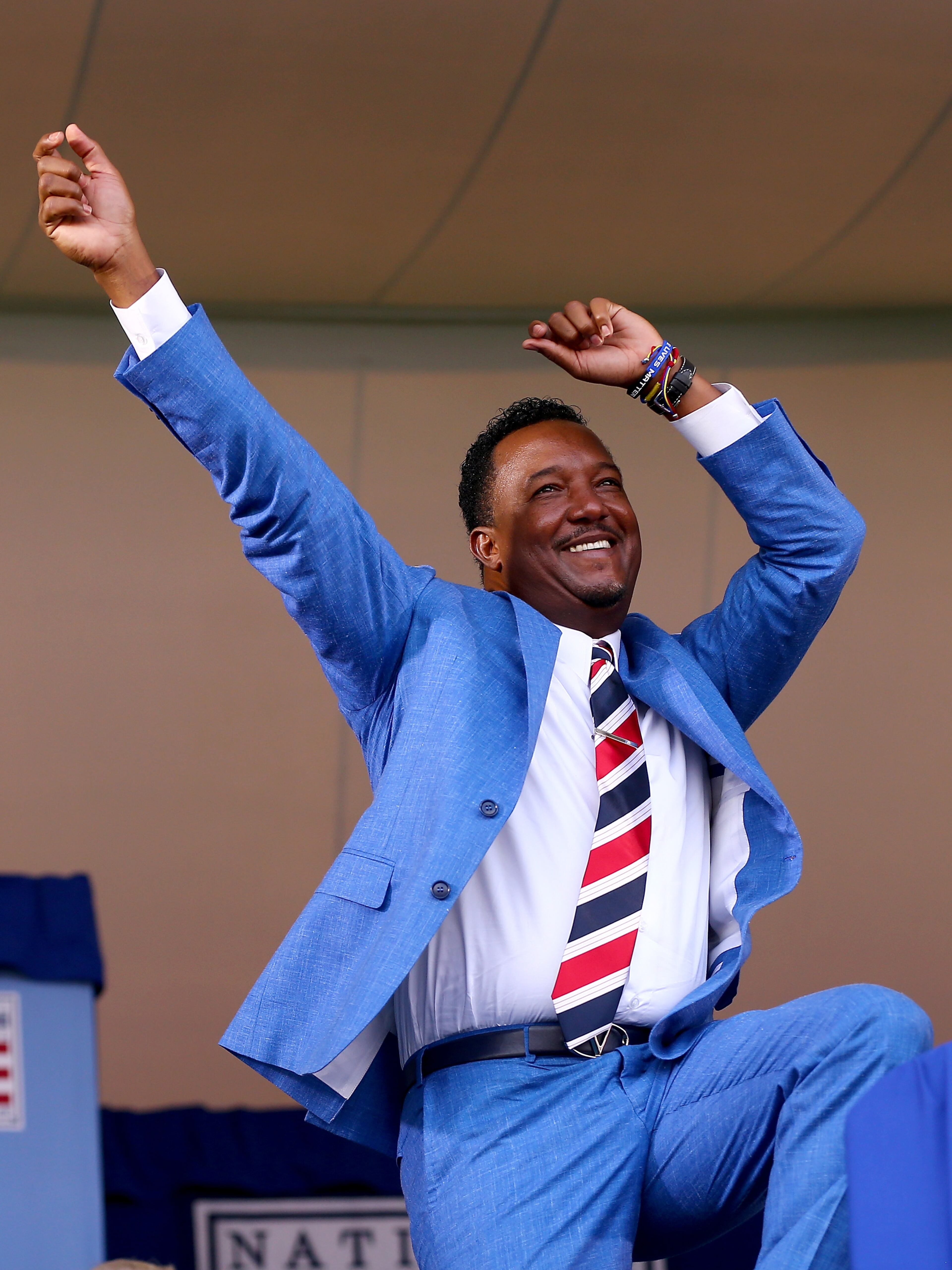 COOPERSTOWN, NY - JULY 26: Inductee Pedro Martinez celebrates as he is announced during the Induction Ceremony at National Baseball Hall of Fame on July 26, 2015 in Cooperstown, New York.Martinez, along with Craig Biggio;Randy Johnson and John Smoltz were inducted into the Baseball Hall of Fame today. (Photo by Elsa/Getty Images)