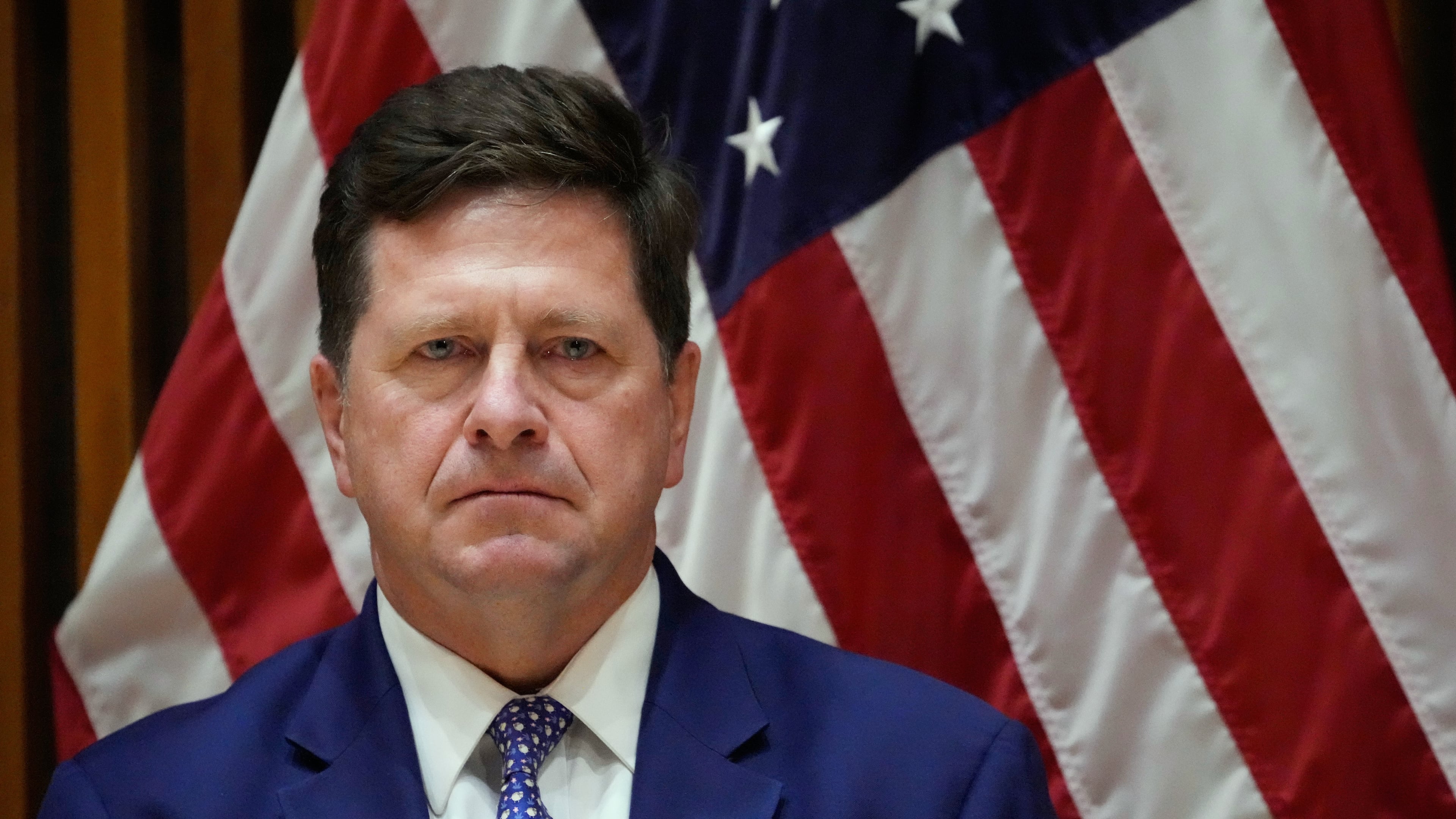 FILE - Jay Clayton, U.S. Attorney for the Southern District of New York, listens during a news conference in New York, March 9, 2026. (AP Photo/Seth Wenig, File)