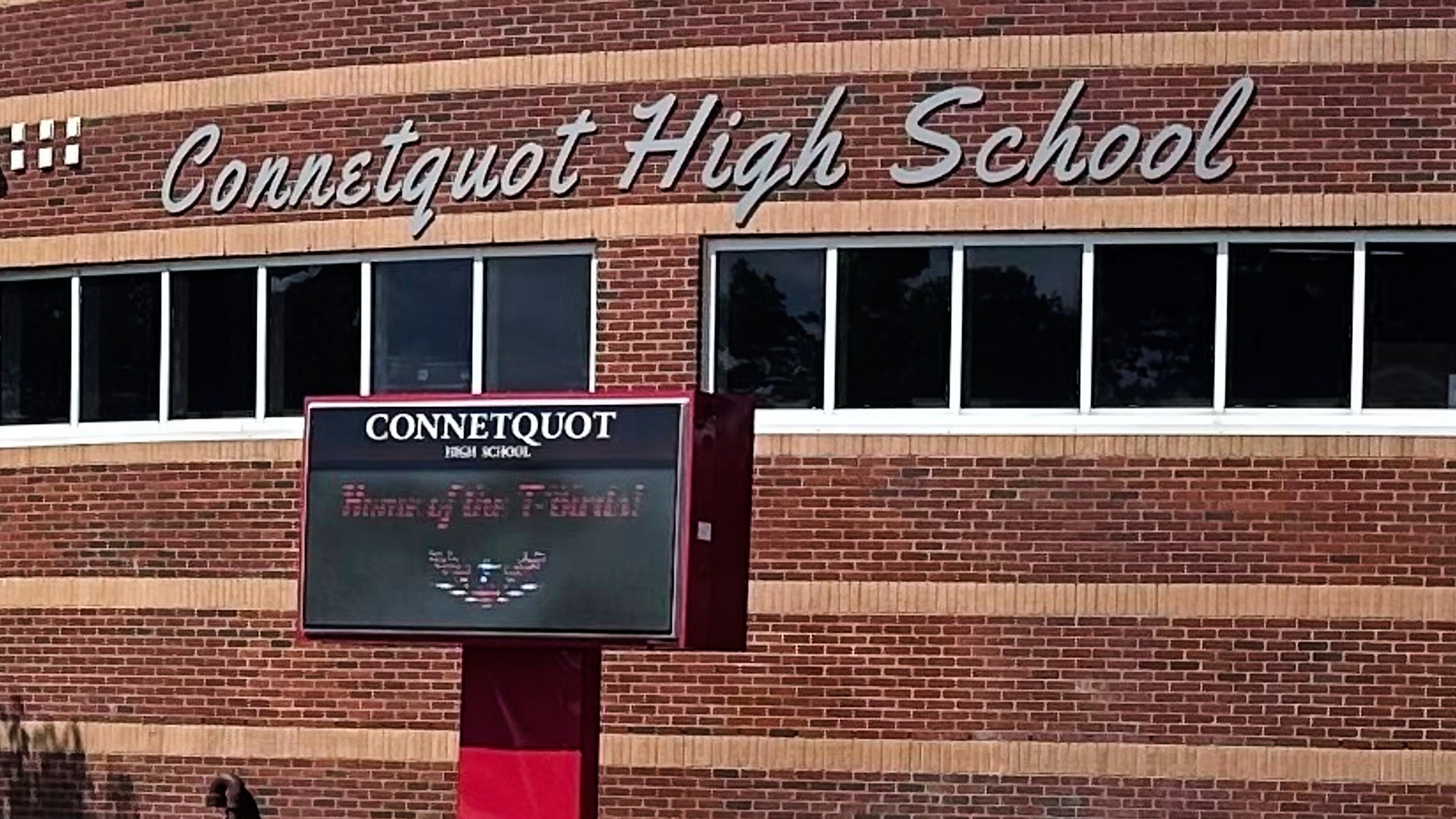 FILE - An electronic display shows the new mascot name, T-Birds, outside Connetquot High School in Bohemia, N.Y., Sept. 4, 2025. (AP Photo/Philip Marcelo, File)