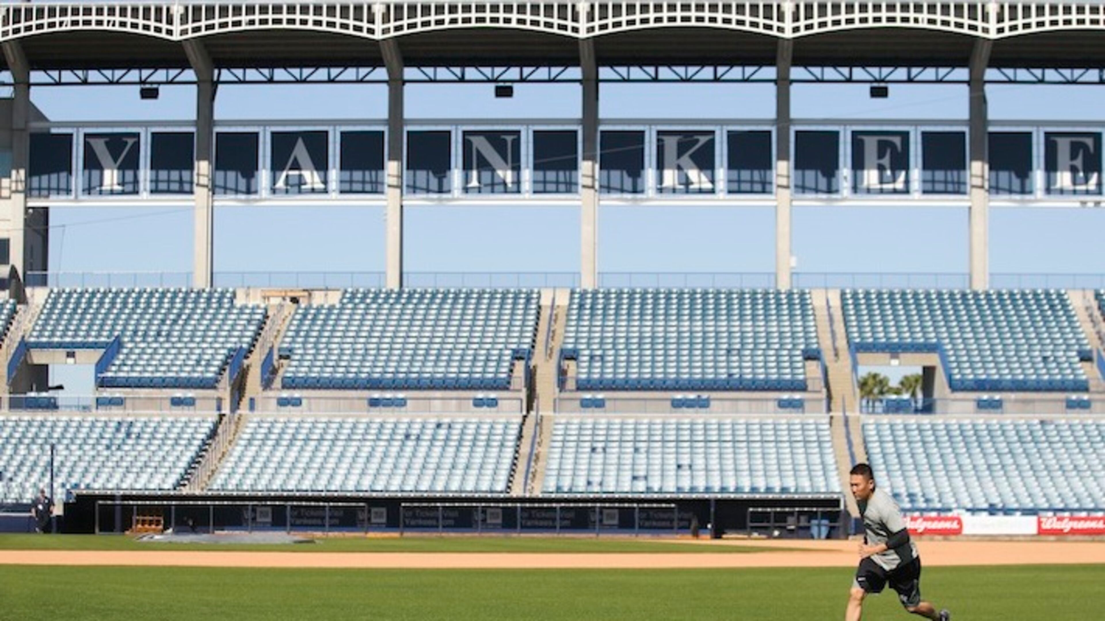 New York Yankees pitcher Masahiro Tanaka trains at George M. Steinbrenner Field in Tampa, Fla., Feb. 18, 2016. Tanaka had a bone spur removed from his elbow in October and said Thursday that he hopes to pitch 200 innings this season. (Eve Edelheit/The New York Times)