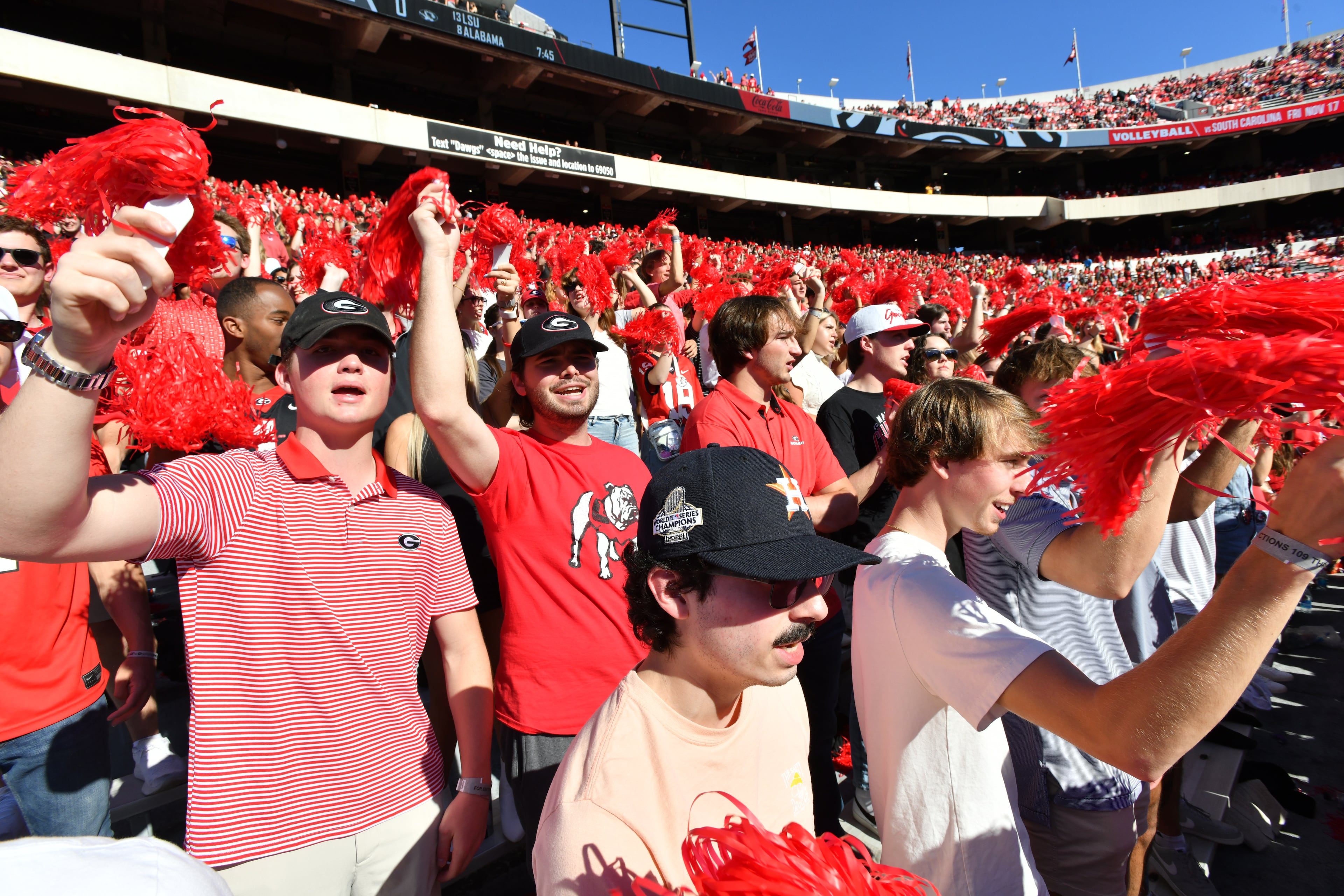 Georgia fans cheer before an NCAA football game against Missouri at Sanford Stadium, Saturday, November 4, 2023, in Athens. (Hyosub Shin / Hyosub.Shin@ajc.com)