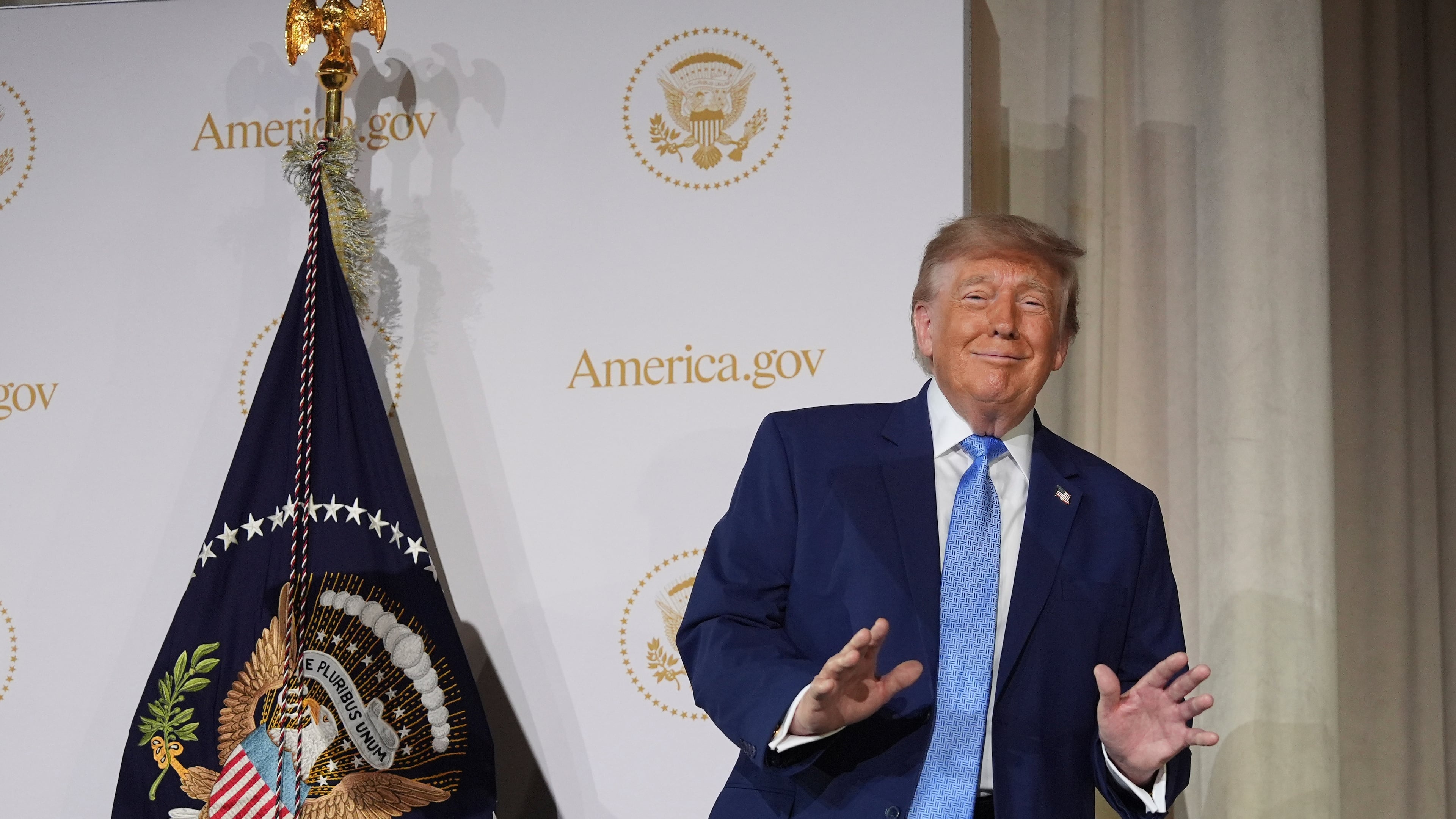 President Donald Trump on stage at the Andrew W. Mellon Auditorium, Tuesday, Sept. 29, 2026, in Washington. (AP Photo/Alex Brandon)