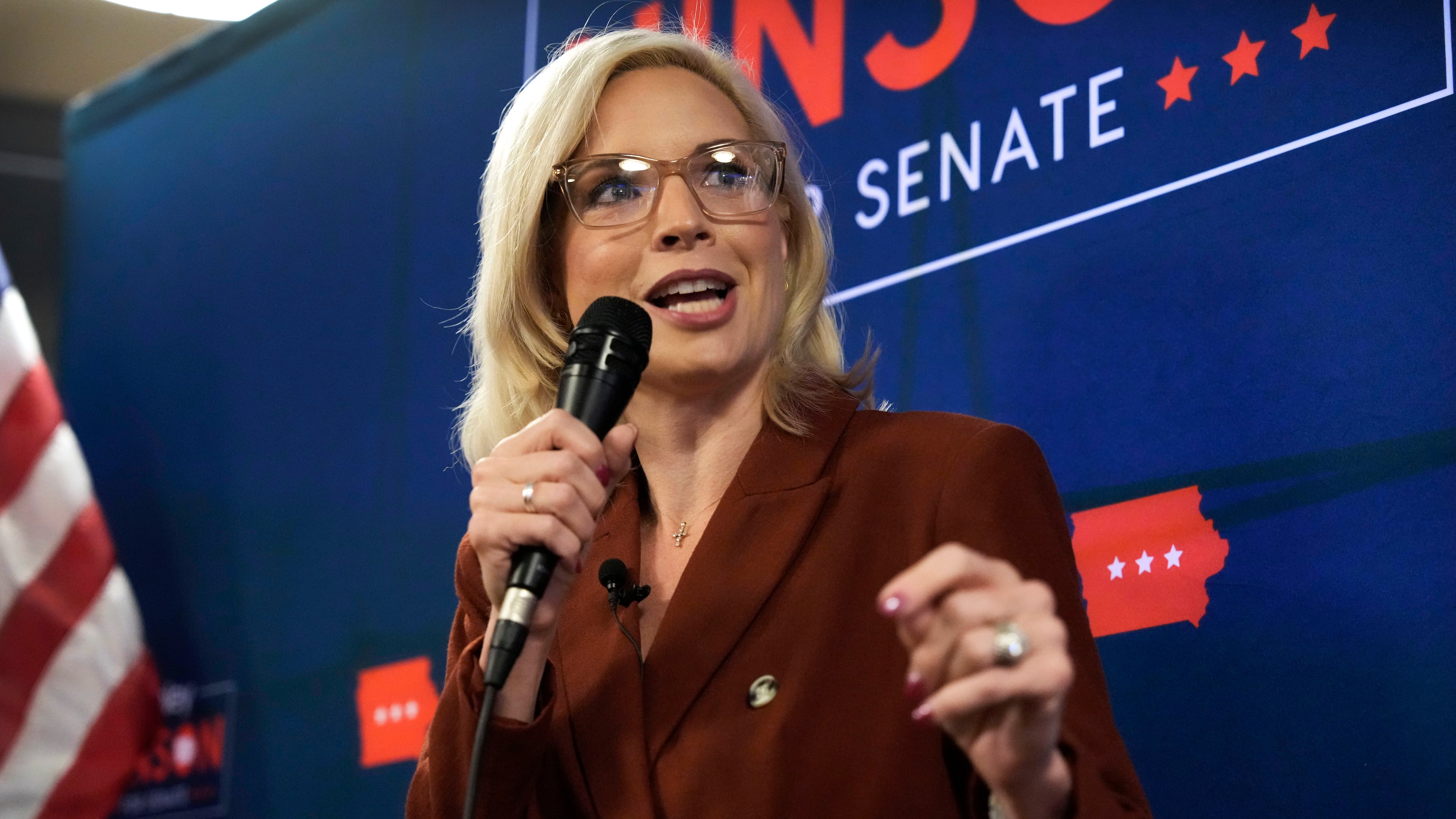 Republican nominee for U.S. Senate Rep. Ashley Hinson, R-Iowa, speaks to supporters, Thursday, Oct. 15, 2026, in Ankeny, Iowa. (AP Photo/Charlie Neibergall)