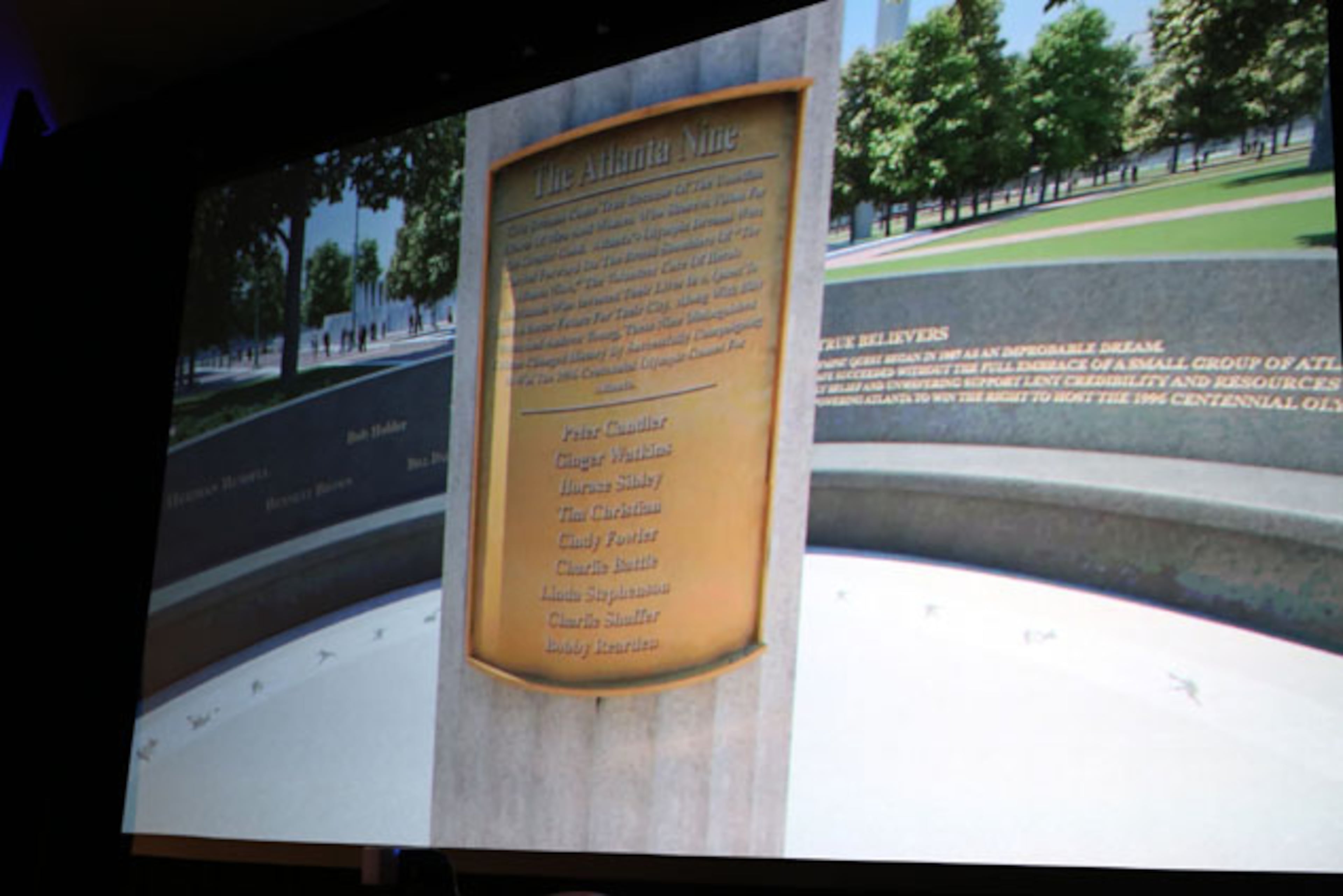 A screen shot of the planned memorial to be built in Centennial Olympic Park. "Dreamers and Believers" was the theme for the reunion event of the 25th anniversary of the announcement that Atlanta was selected to host the 1996 Olympic Games. The reception took place on Friday, September 18, 2015 in Centennial Olympic Park and featured emcee Monica Pearson, Billy Payne, Charlie Battle, Andrew Young, Vince Dooley and a number of Atlanta movers-and-shakers. The longshot effort that was conceived by Billy Payne and a coalition of local business, political and civic leaders will be memorialized by an installation at Centennial Olympic Park. Robb D. Cohen /RobbsPhotos.com