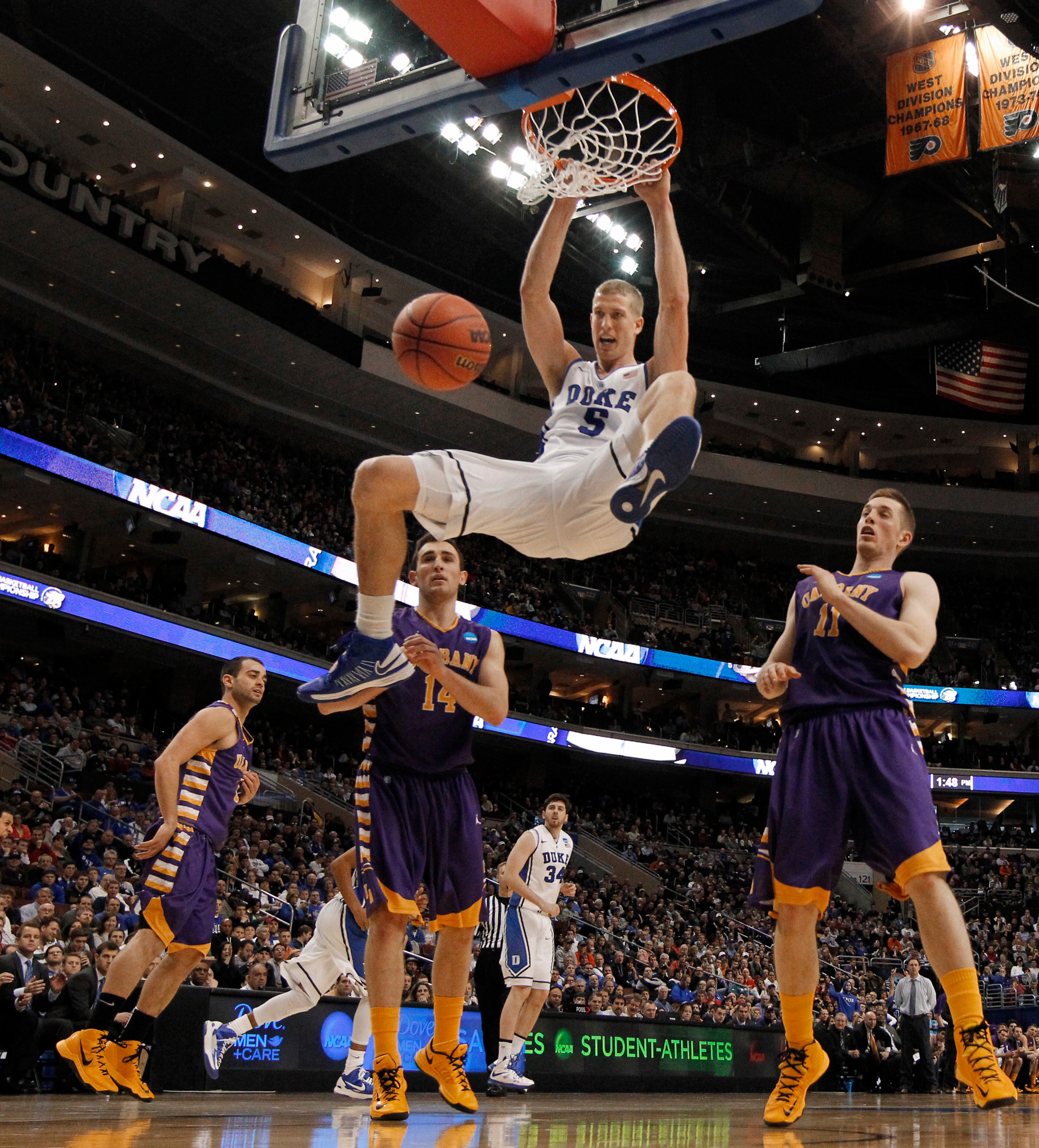 Duke forward Mason Plumlee (5) dunks against Albany in the second round of the NCAA Men's Basketball Tournament at the Wells Fargo Center in Philadelphia, Pennsylvania, Friday, March 22, 2013. Duke defeated Albany, 73-61. (Chuck Liddy/Raleigh News & Observer/MCT)